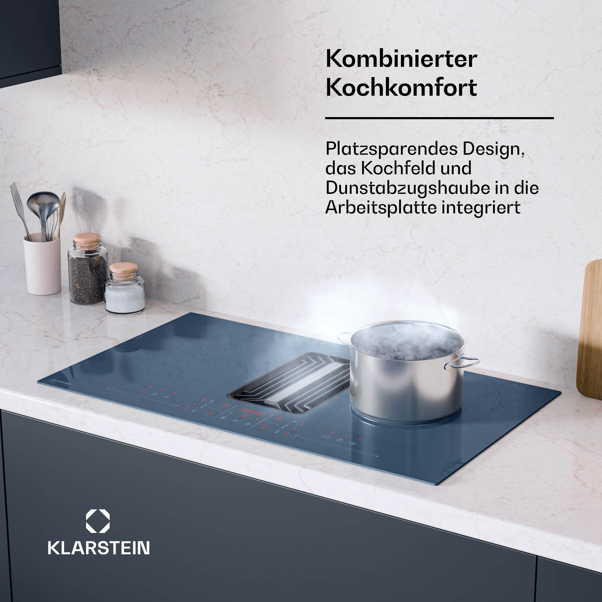 Una cucina moderna con un piano cottura integrato, una pentola e il logo Klarstein.