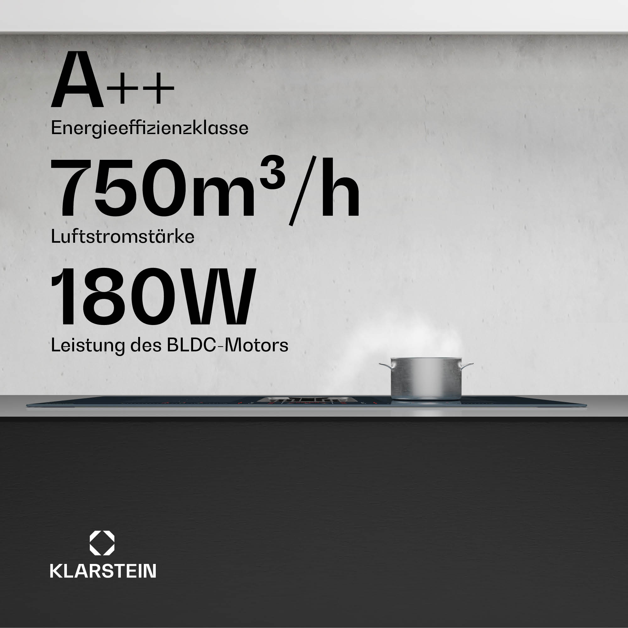 Un piano cottura nero con testo: A++, 750m³/h, 180W, e una pentola con vapore. Il marchio è Klarstein.