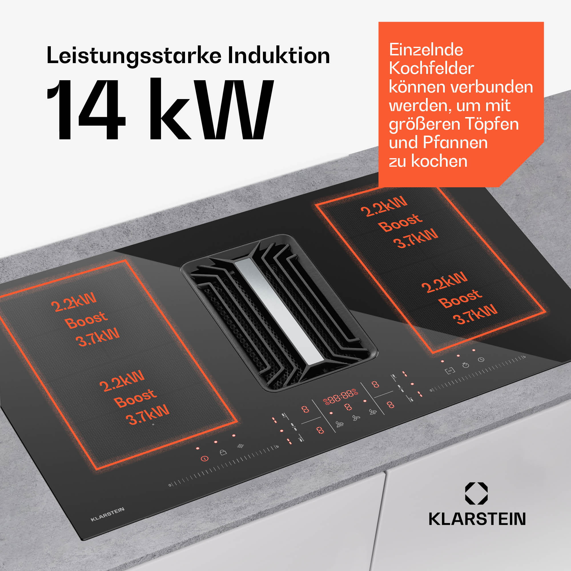 Placa de cocina con zonas de cocción resaltadas. Texto: Leistungstarke Induktion 14 kW. Info adicional sobre potencia.