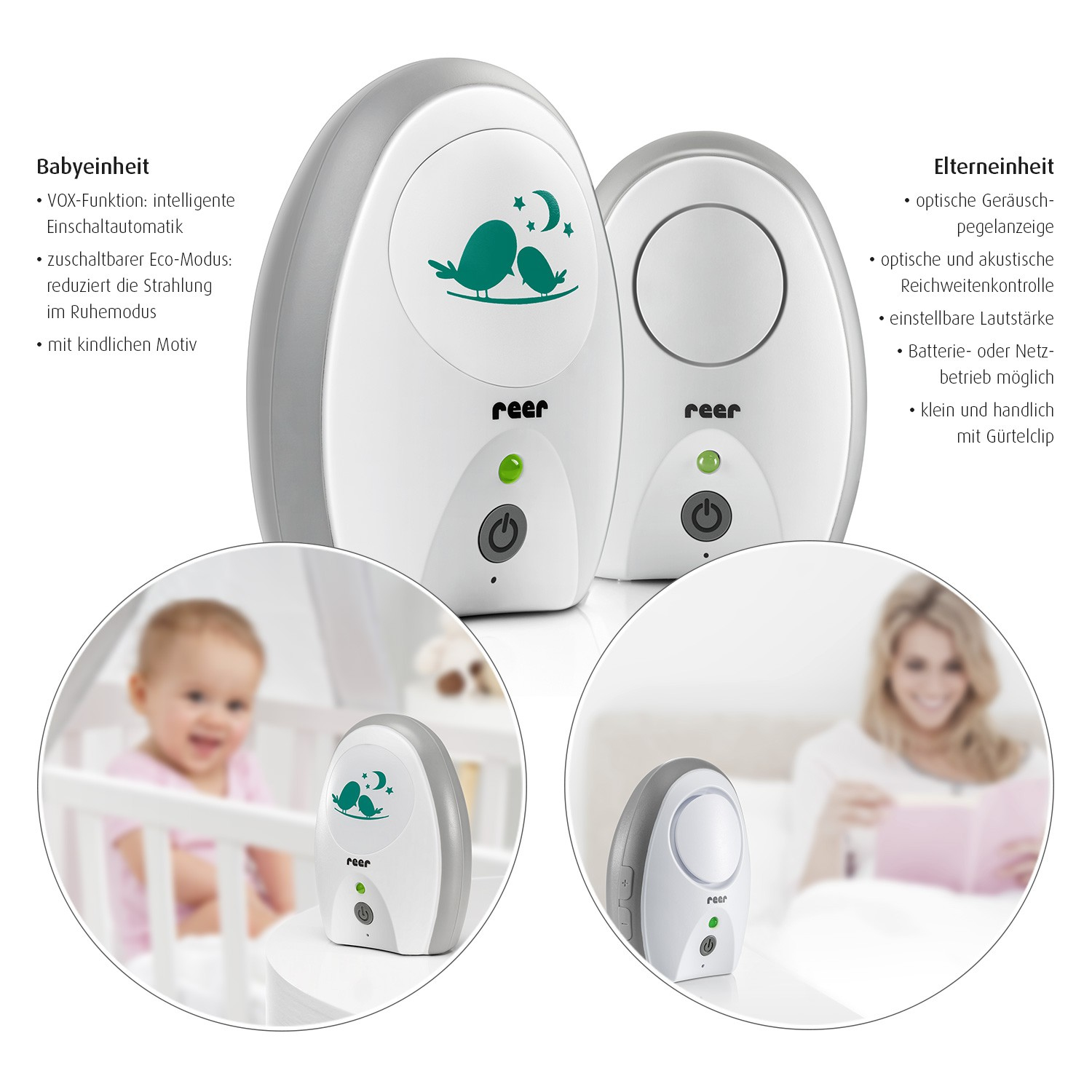 Dwa nianie elektroniczne, jeden z motywem ptaka, a drugi z okrągłym wzorem. W tle znajdują się dzieci.