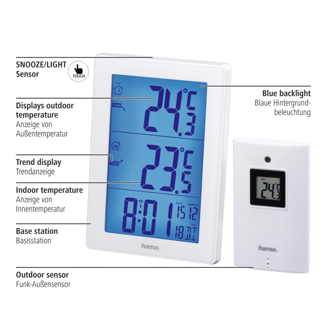 Reloj digital blanco con retroiluminación azul, que muestra la temperatura y la hora. Sensor exterior separado a la derecha.