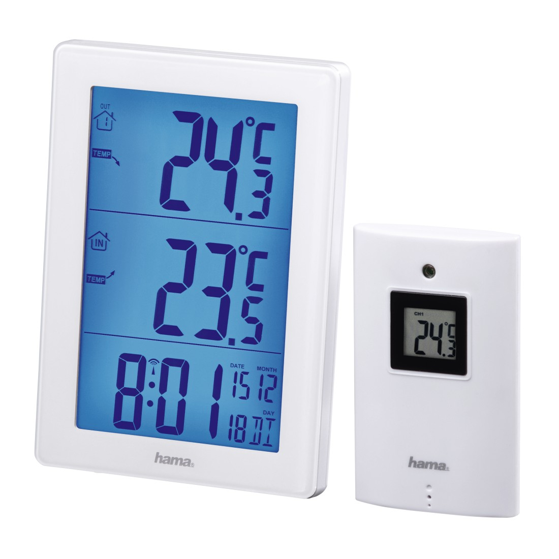 Estación meteorológica digital blanca que muestra la temperatura y la hora, con un sensor separado.
