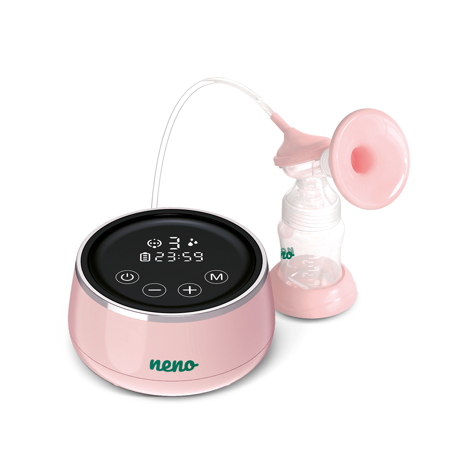 Tiralatte rosa con display digitale che mostra tempo e impostazioni.
