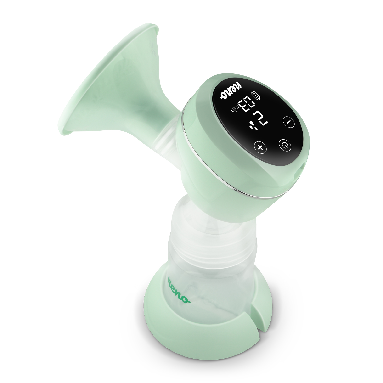 Schräg gestellte Brustpumpe, die Digitalanzeige, die Flasche und den Pumpmechanismus zeigt.