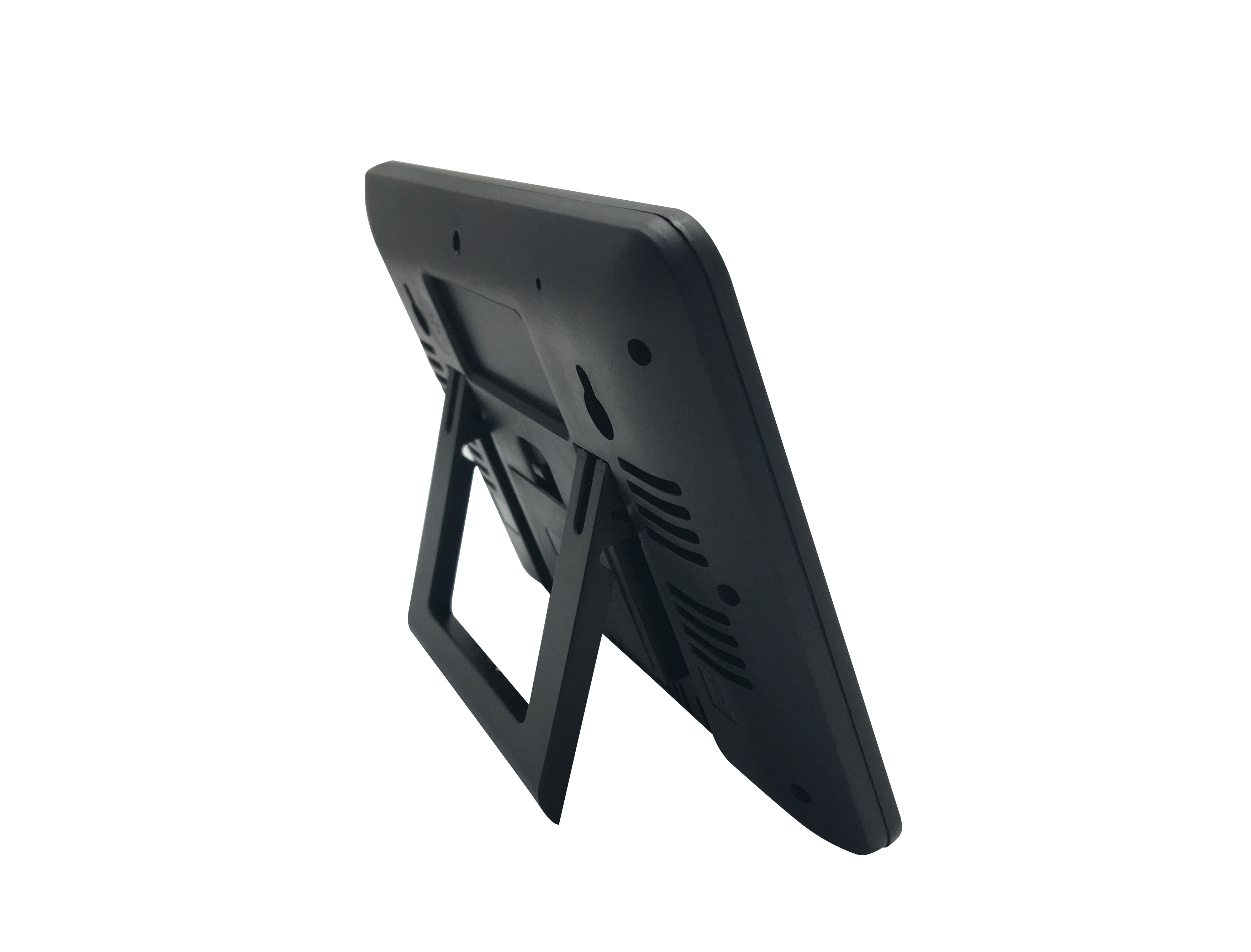 Czarny zegar cyfrowy ze stojakiem, pokazujący wyświetlacz.