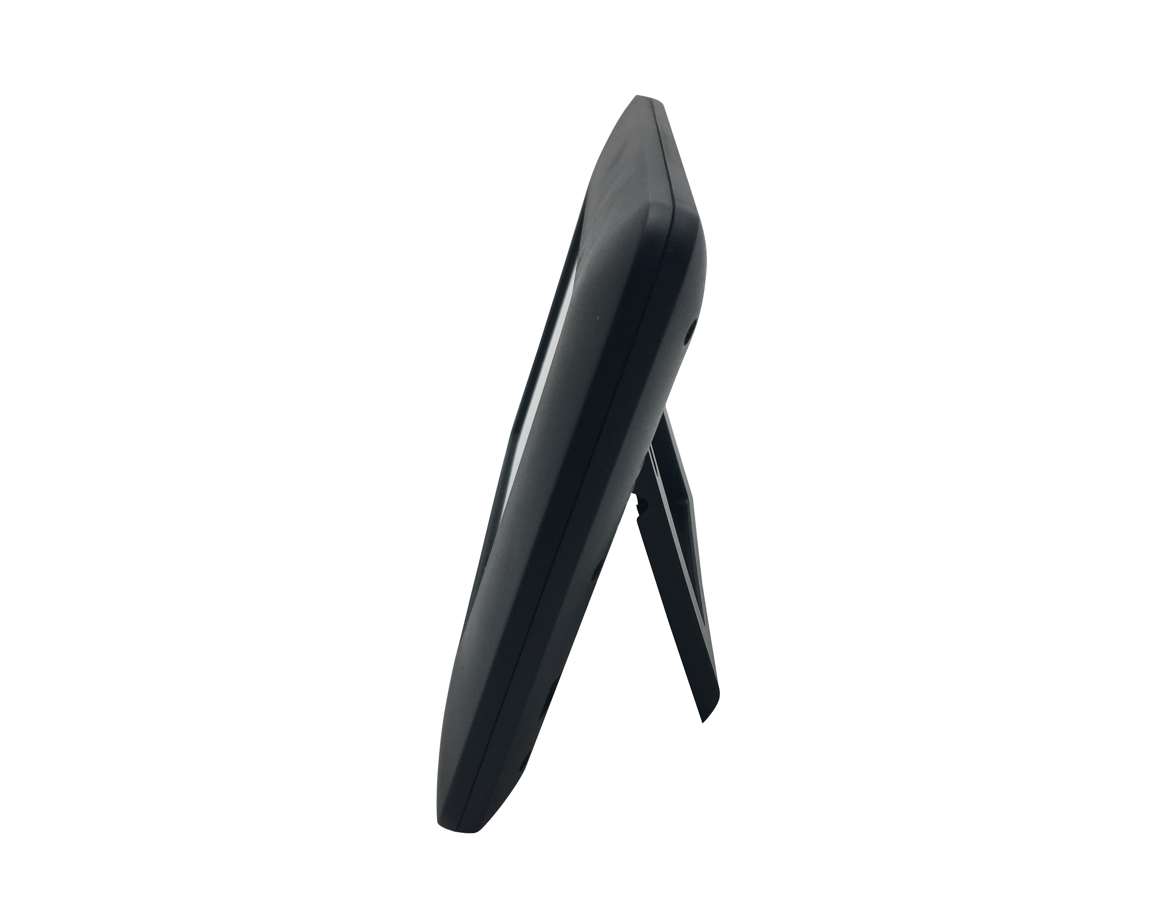 Czarny, pochylony tablet z podstawką, na białym tle.