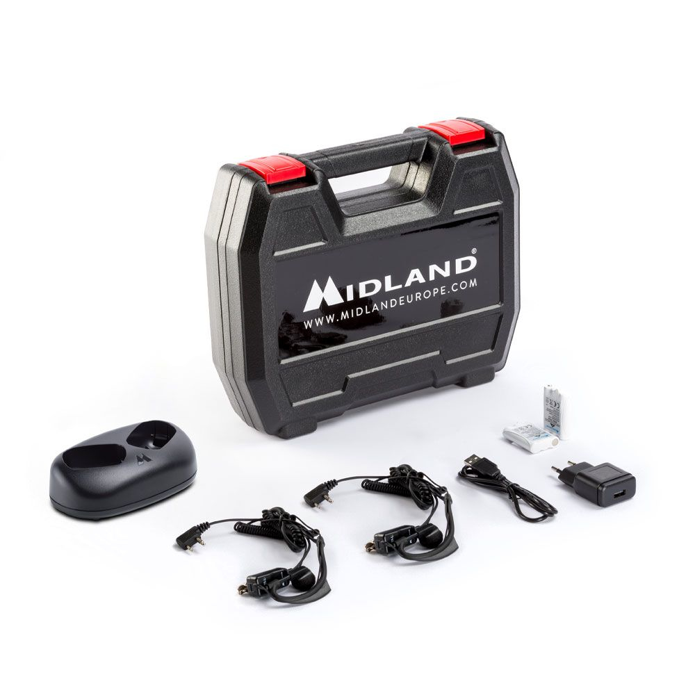 Ein schwarzer Koffer mit Midland-Logo und Zubehör für Walkie-Talkies.