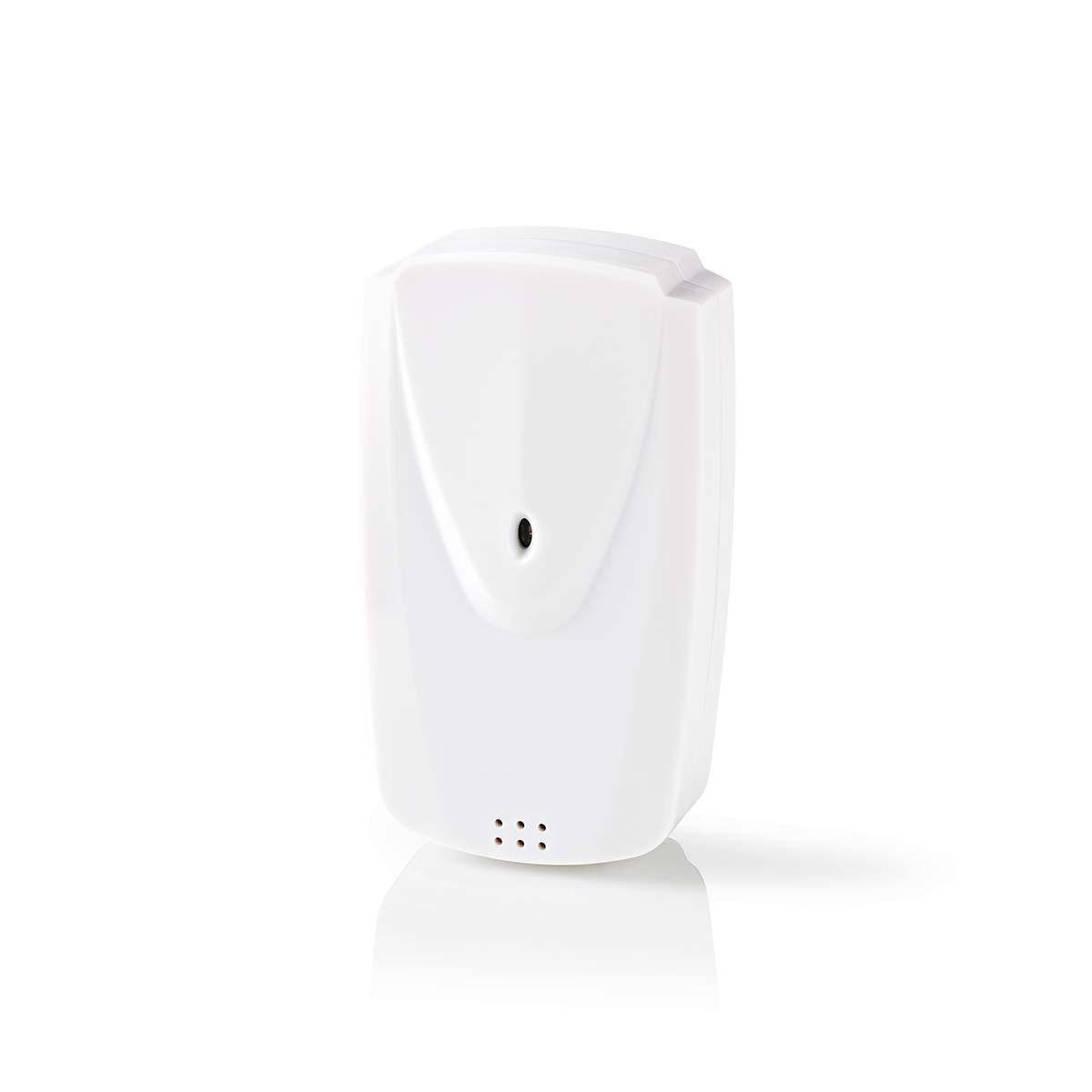 Białe urządzenie zabezpieczające z małą soczewką i trzema otworami. Na białym tle.