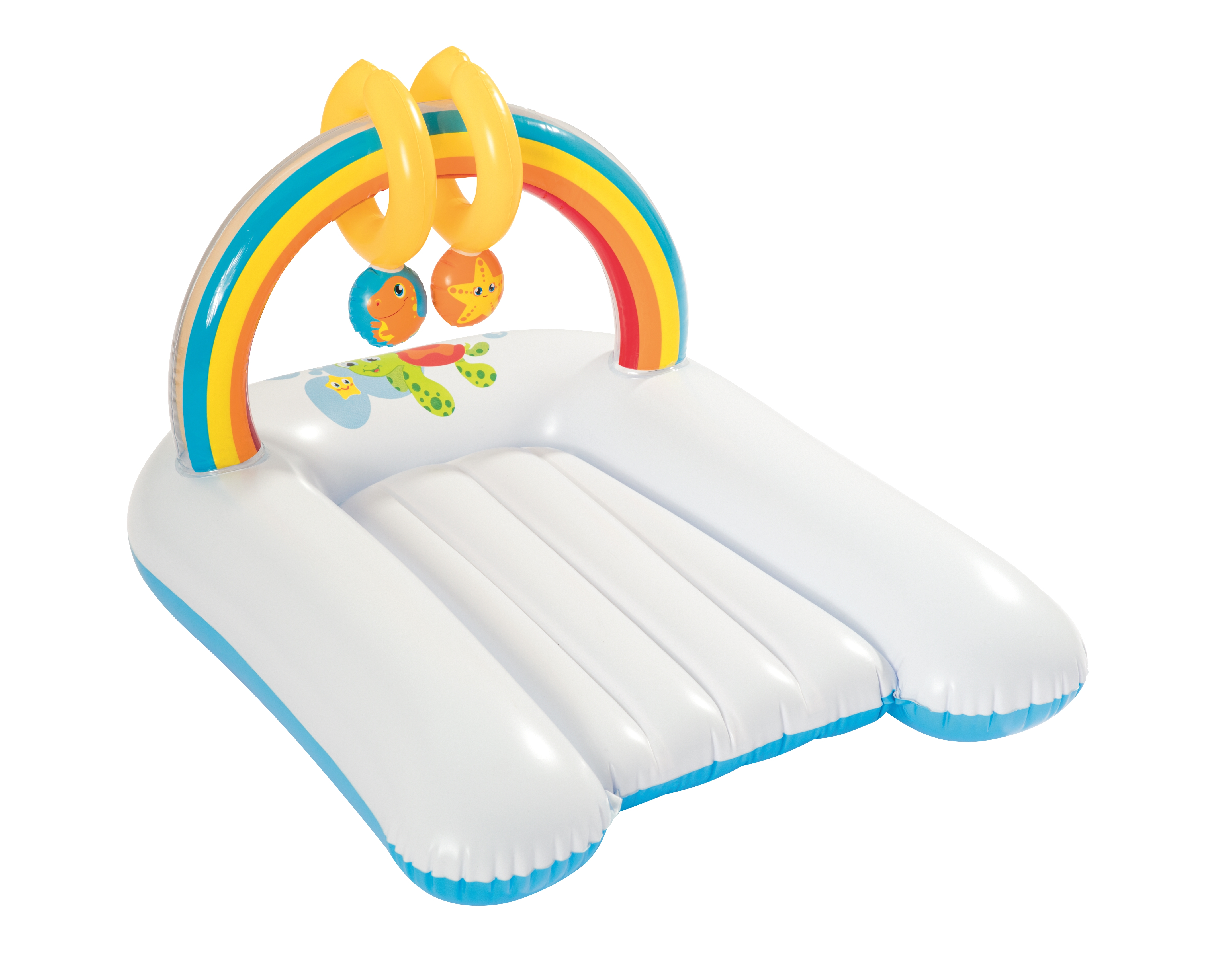 Piscina gonfiabile per bambini con arco arcobaleno e giocattoli. Bianco e blu.