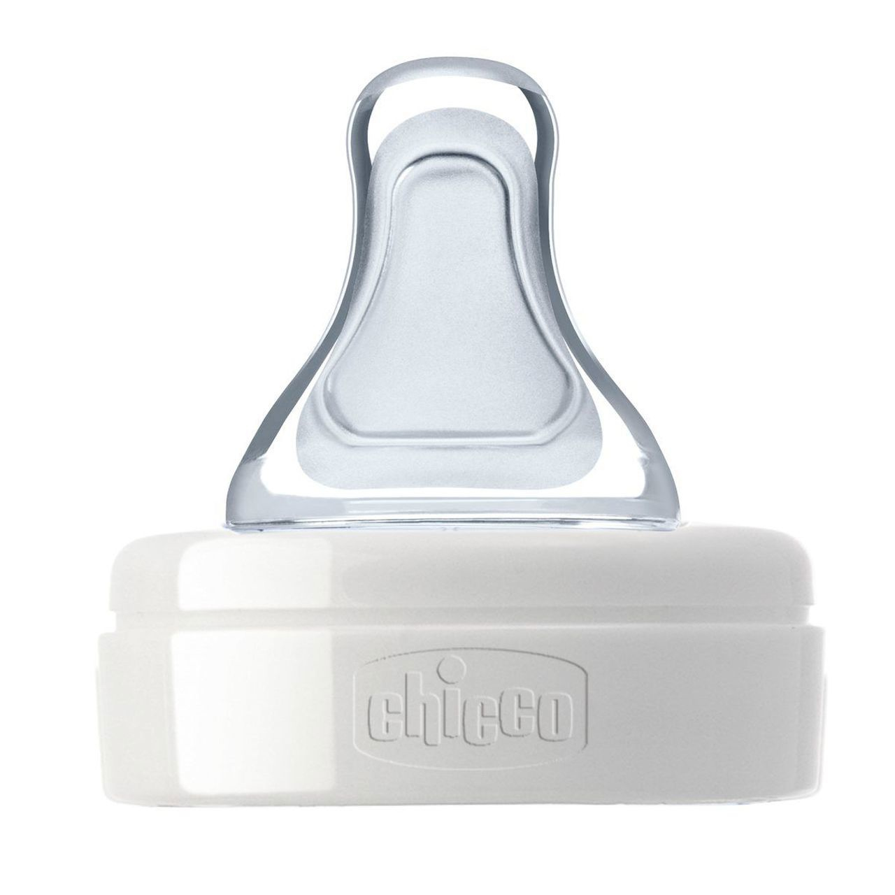 Tettarella per biberon con base bianca, parte superiore trasparente e il marchio Chicco.