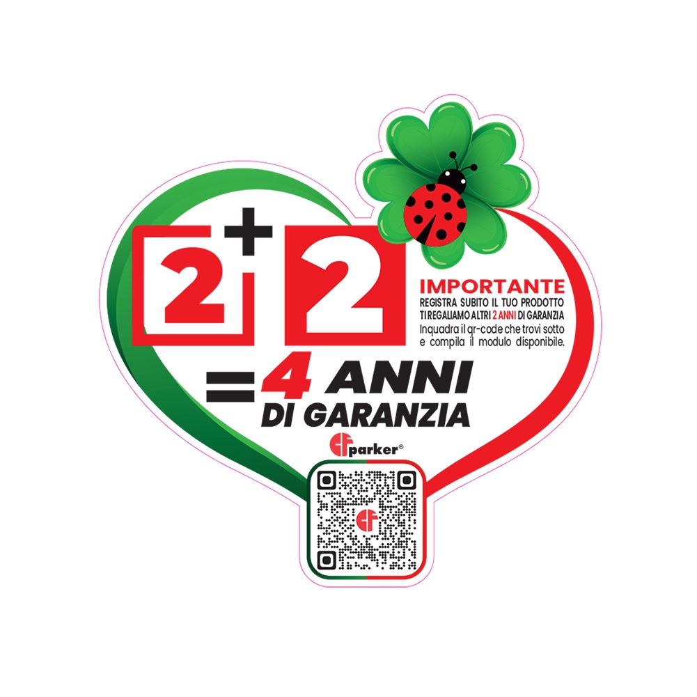 Un grafico con un cuore, numeri e un trifoglio con una coccinella, dettagli sulla garanzia.