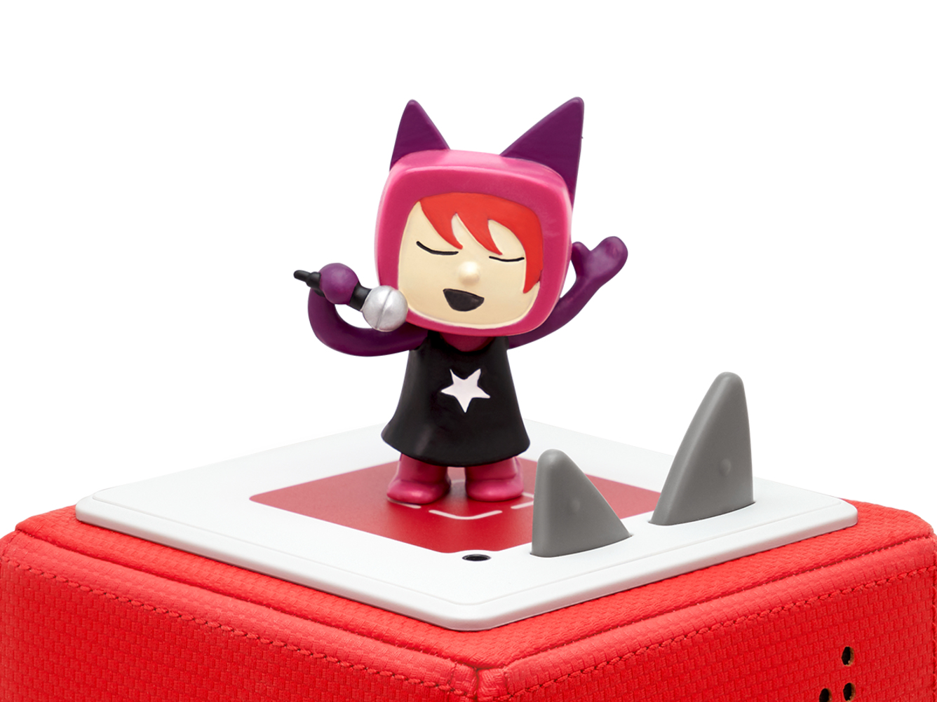 Rotes Spielzeug mit Figur obenauf und Haifischflossen.