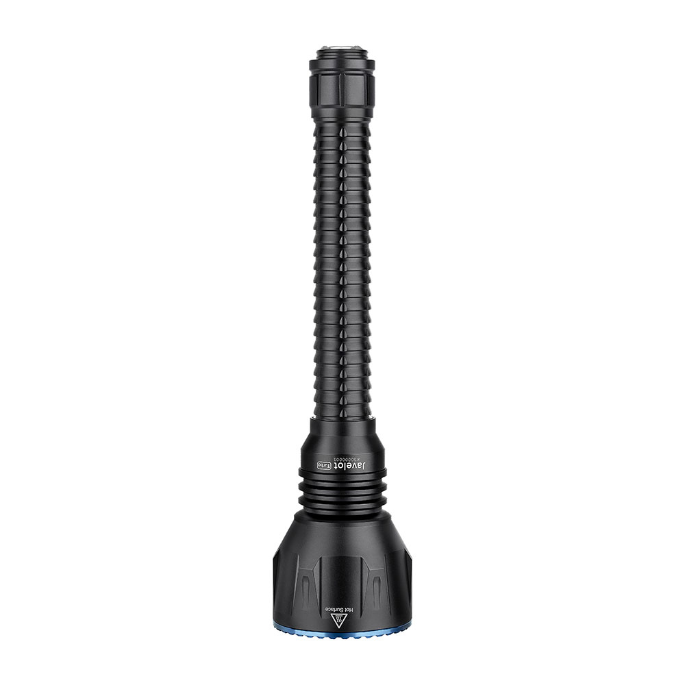 Schwarze Taschenlampe mit flexiblem Hals, weißer Hintergrund.