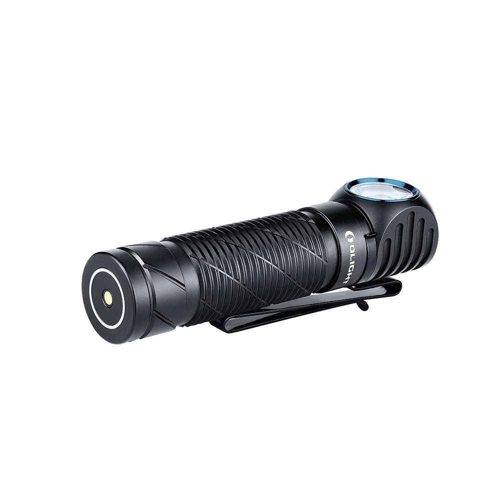 Schwarze Taschenlampe mit Clip und blauem Akzent oben, vor weißem Hintergrund.