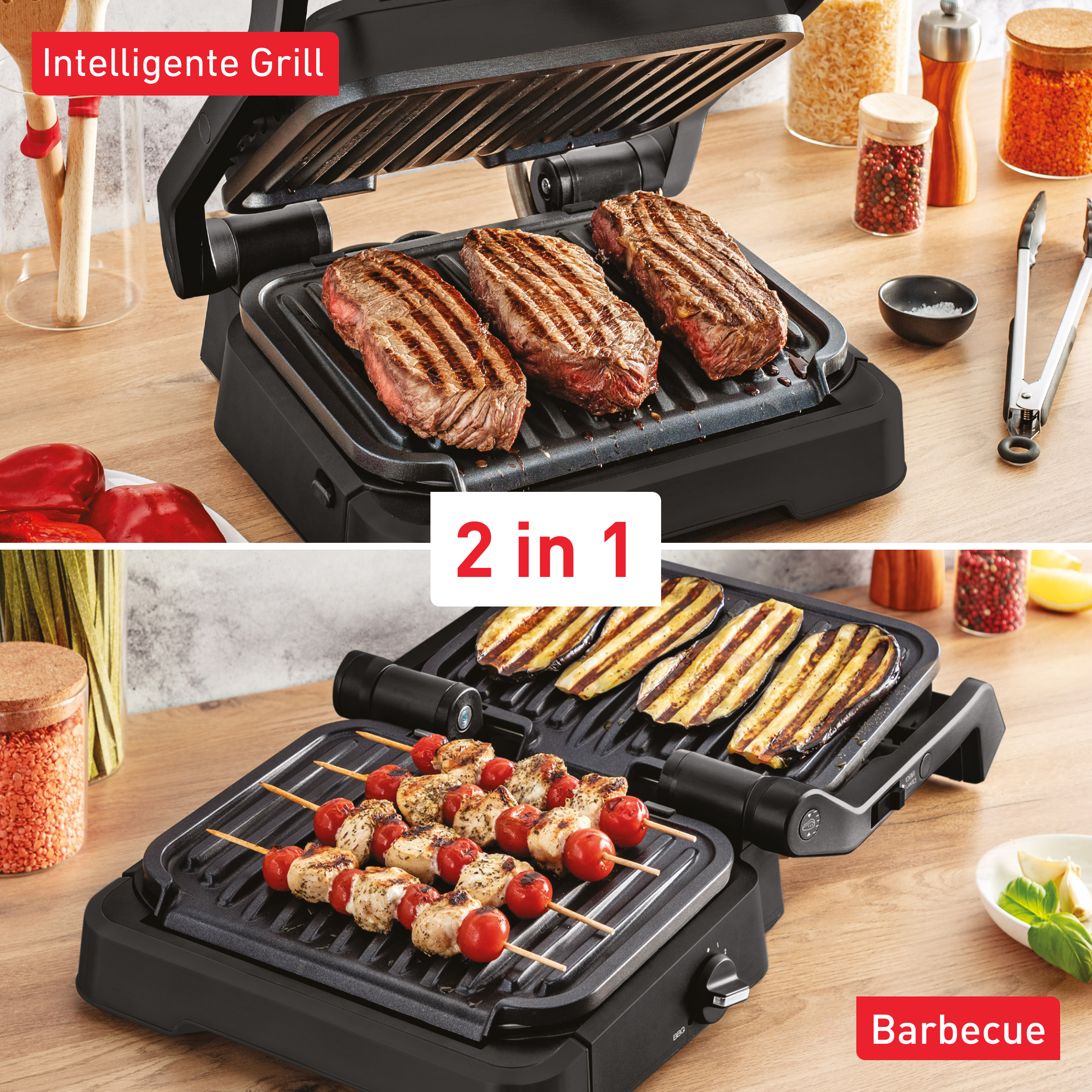 Inteligentny grill, grillujący steki i warzywa, z opcją grillowania.