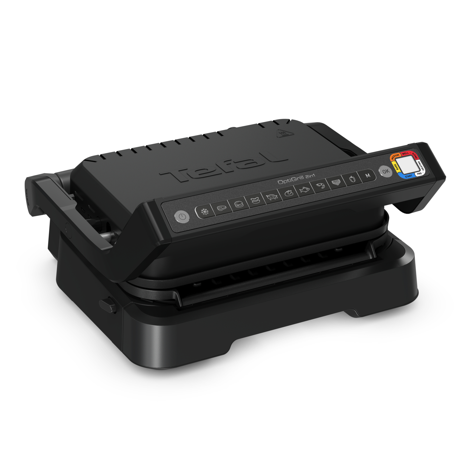 Czarny Tefal OptiGrill 2w1, zamknięty, pokazujący panel sterowania.