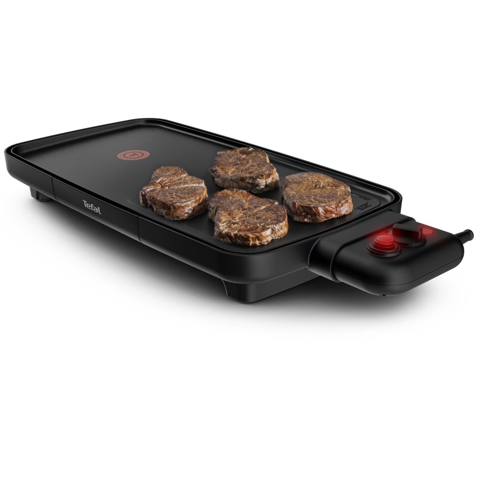 Parrilla Tefal negra con cuatro filetes cocidos. La parrilla tiene un panel de control a la derecha.