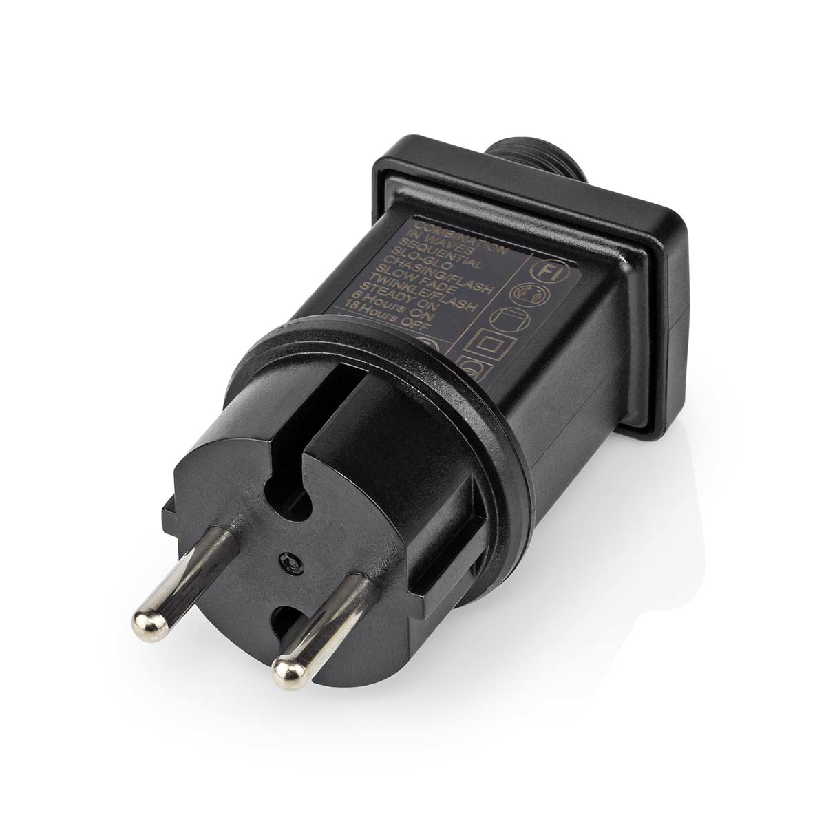 Una spina nera con le parole combinazione, sequenziale, flash a inseguimento, flash luccicante, flash fisso, 18H acceso, 6H spento.