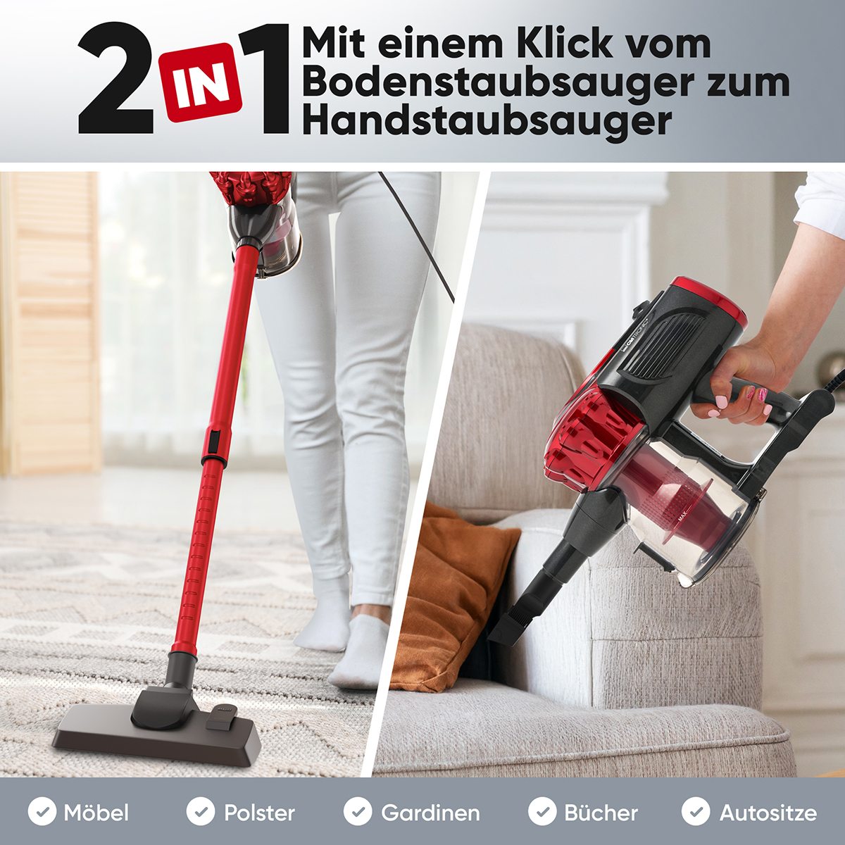 Dwufunkcyjny czerwony odkurzacz z długim uchwytem i elementem ręcznym z tekstem.