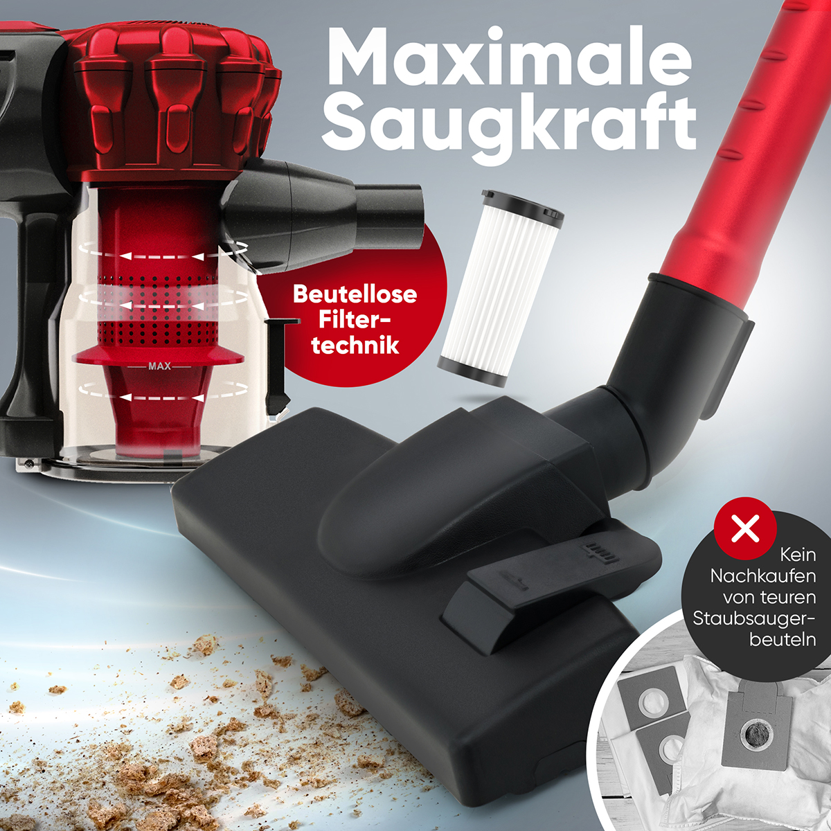 Bezprzewodowy odkurzacz ze szczegółowymi częściami i tekstem w języku niemieckim: 'Maksymalna moc ssania'.