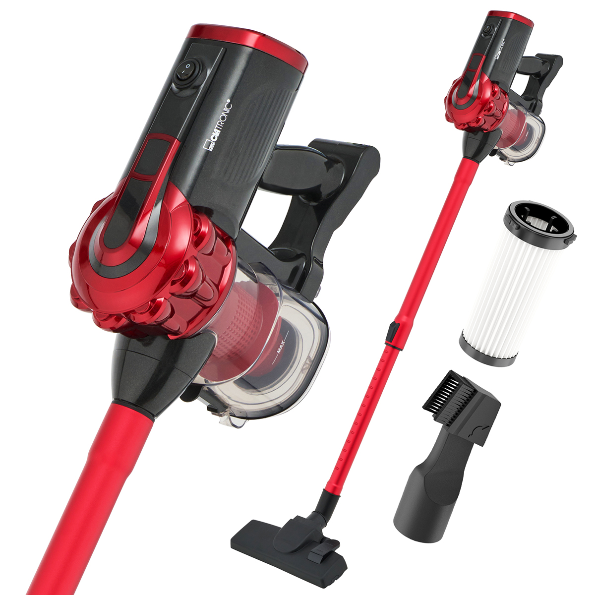 Czerwono-czarny odkurzacz, widok z bliska, z akcesoriami.