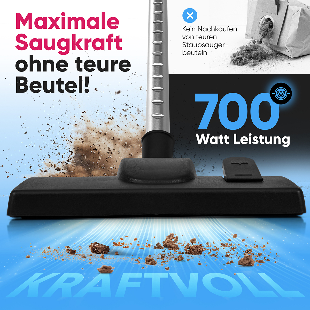 Dysza odkurzacza czyszcząca zanieczyszczenia z grafiką pokazującą tekst i szczegóły mocy.