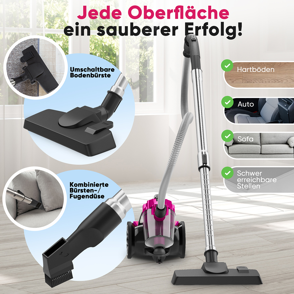 Różowo-czarny odkurzacz z akcesoriami, w tym szczotką i ssawką szczelinową.