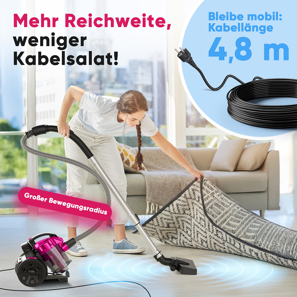 Kobieta odkurza dywan różowym odkurzaczem. Tekst: Większy zasięg, mniej plątaniny kabli!