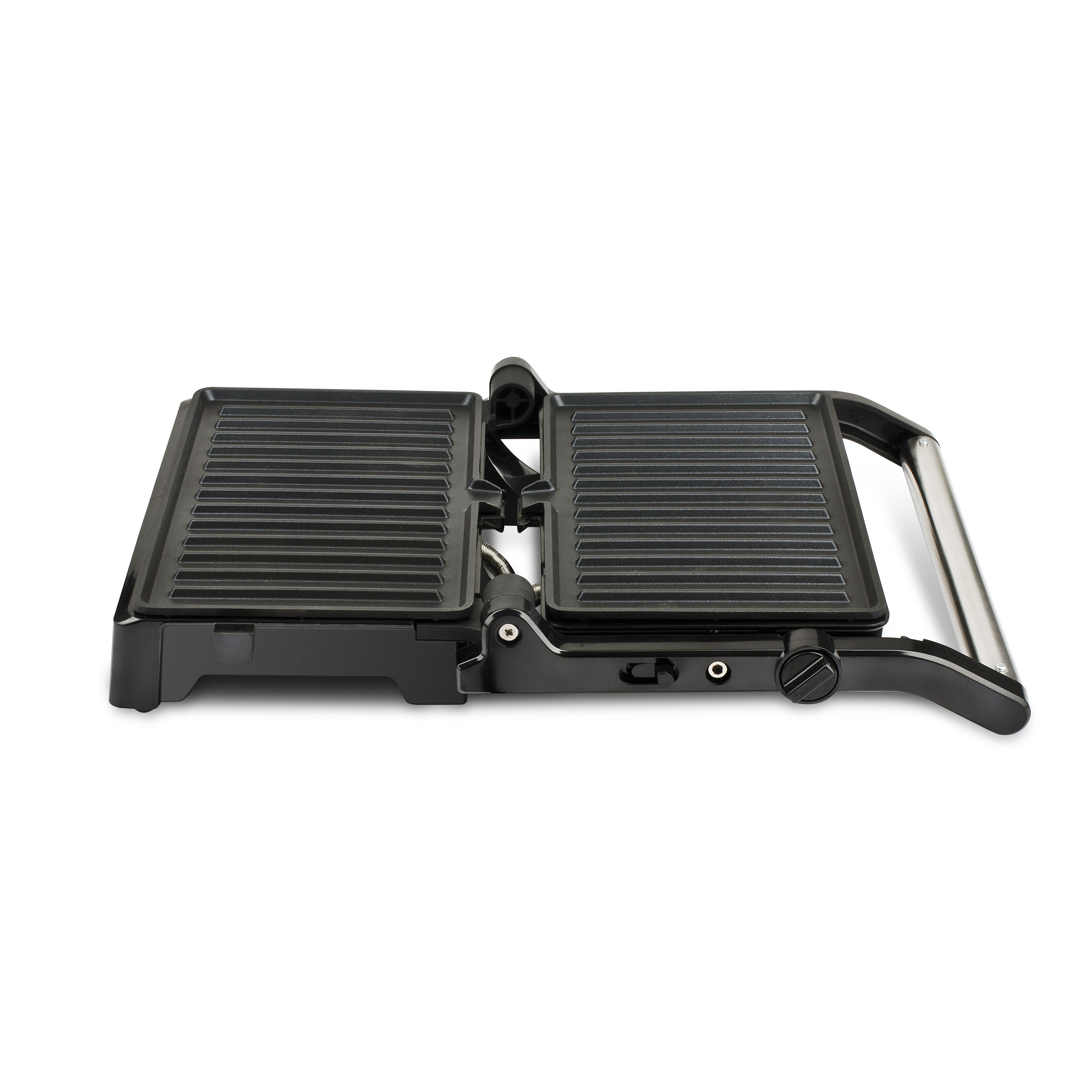 Schwarze, offene Panini-Presse mit Griff und Grillplatten auf weißem Hintergrund.
