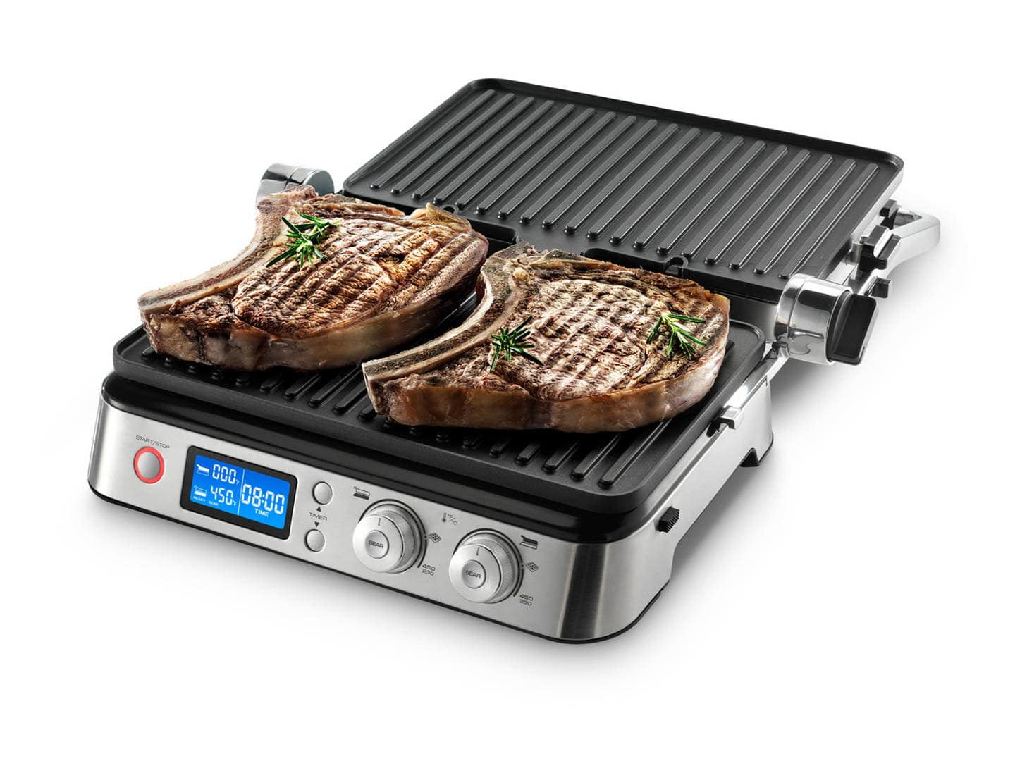 Offener Grill mit zwei Steaks und digitaler Anzeige.