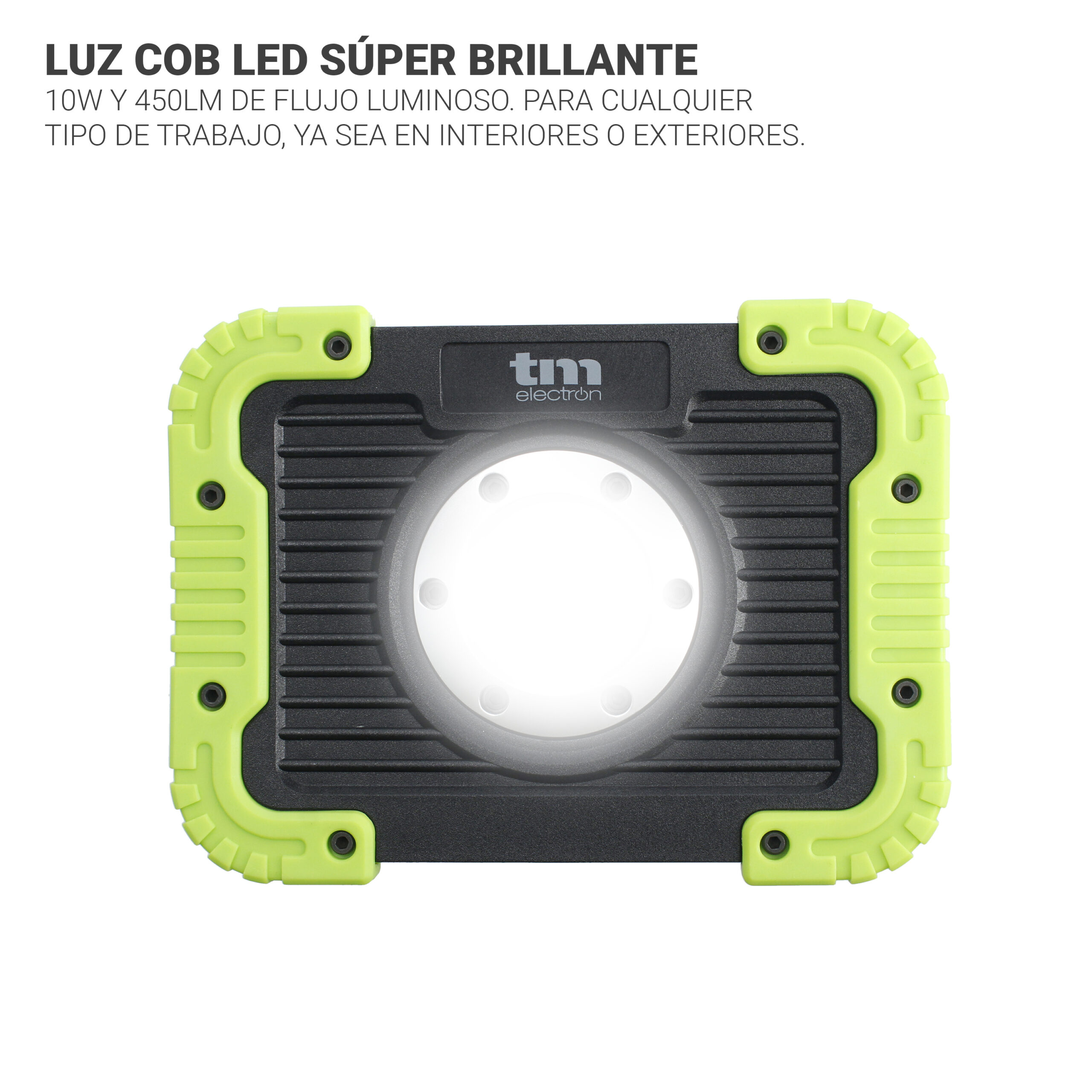 Luz de trabajo verde y negra con LED brillante y texto que describe lúmenes y uso.