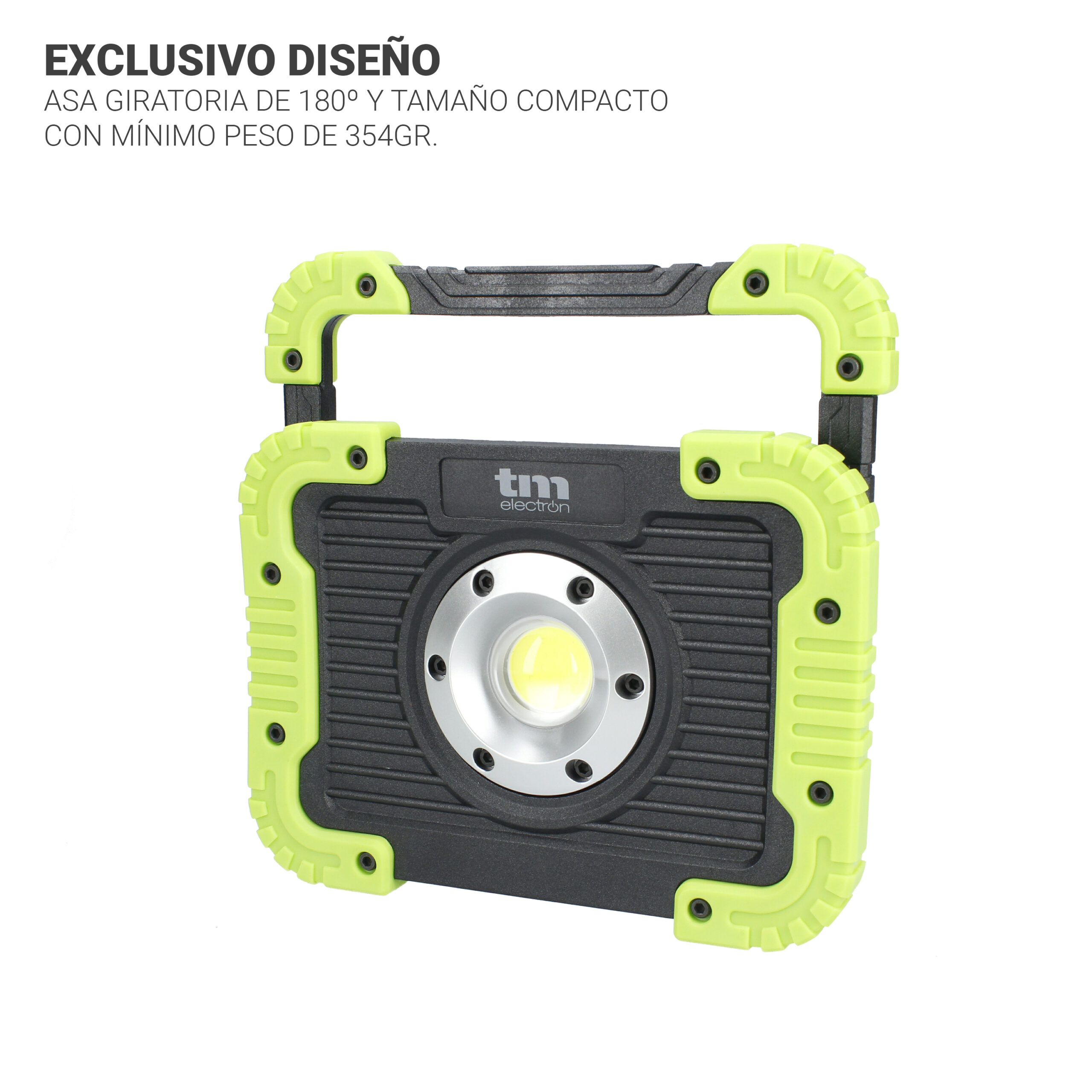 Una lámpara de trabajo verde y negra. Tiene un asa y una luz brillante en el centro.