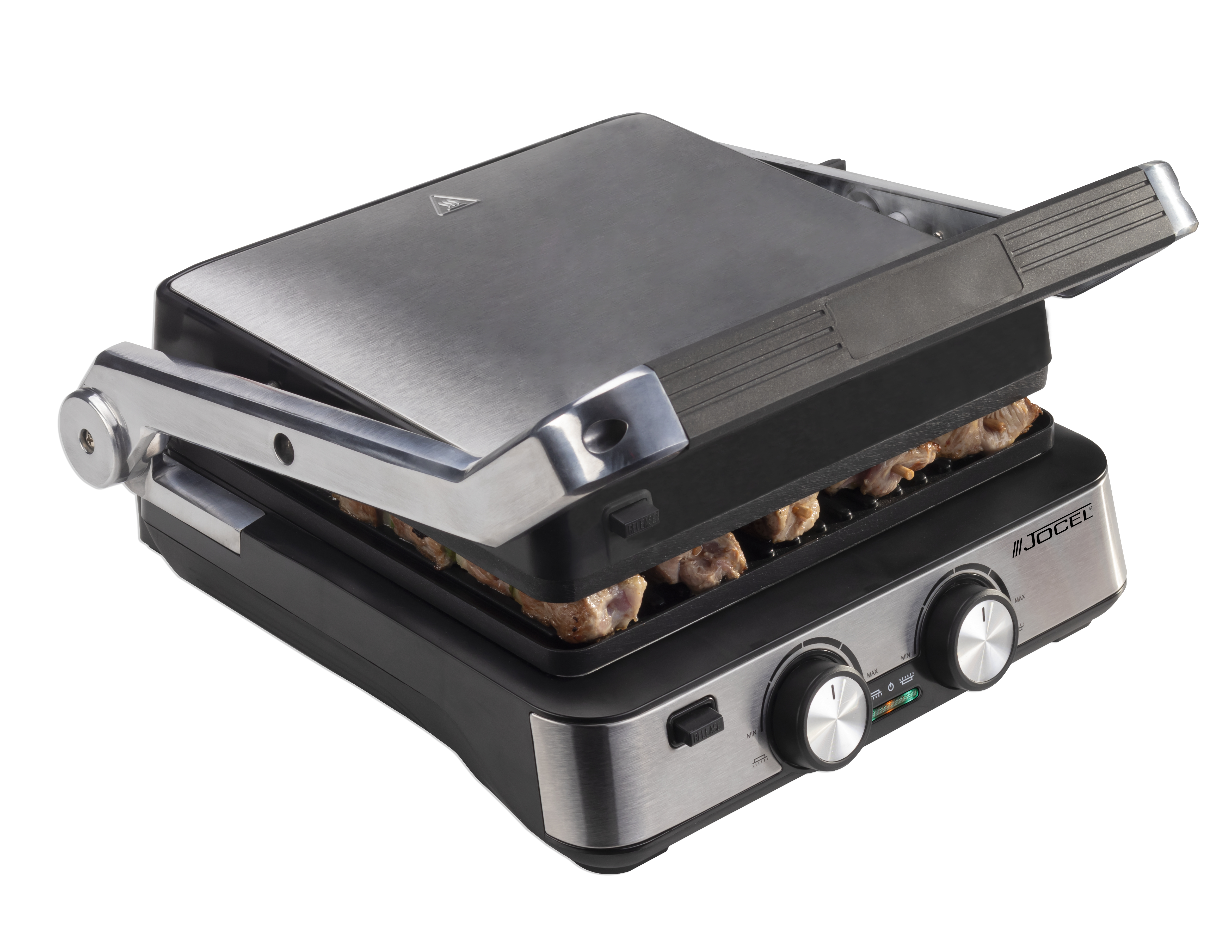 Una parrilla panini negra abierta con marcas de parrilla en la superficie.