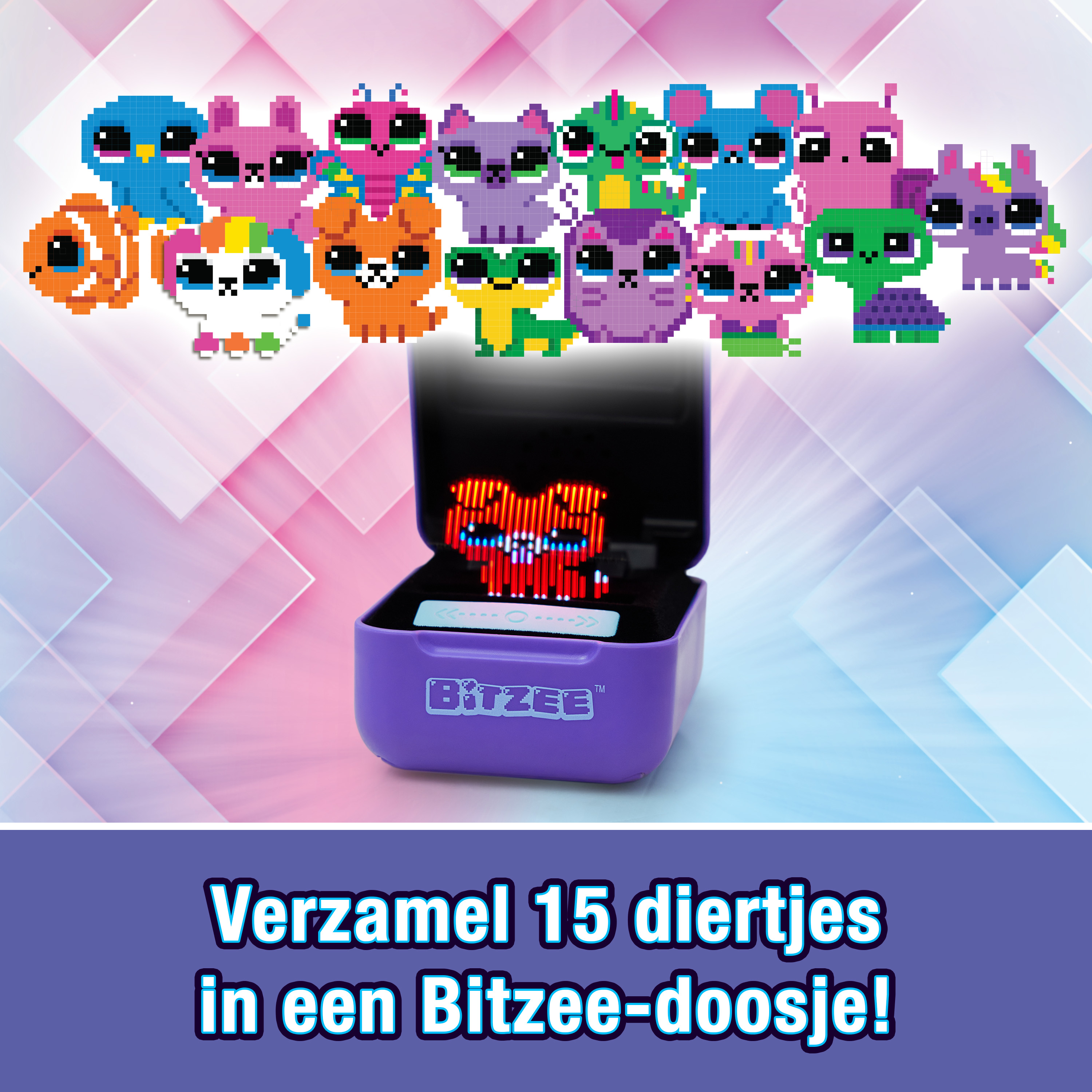 Bunte pixelartige Spielzeugtiere in einer Vitrine mit Text über das Sammeln.