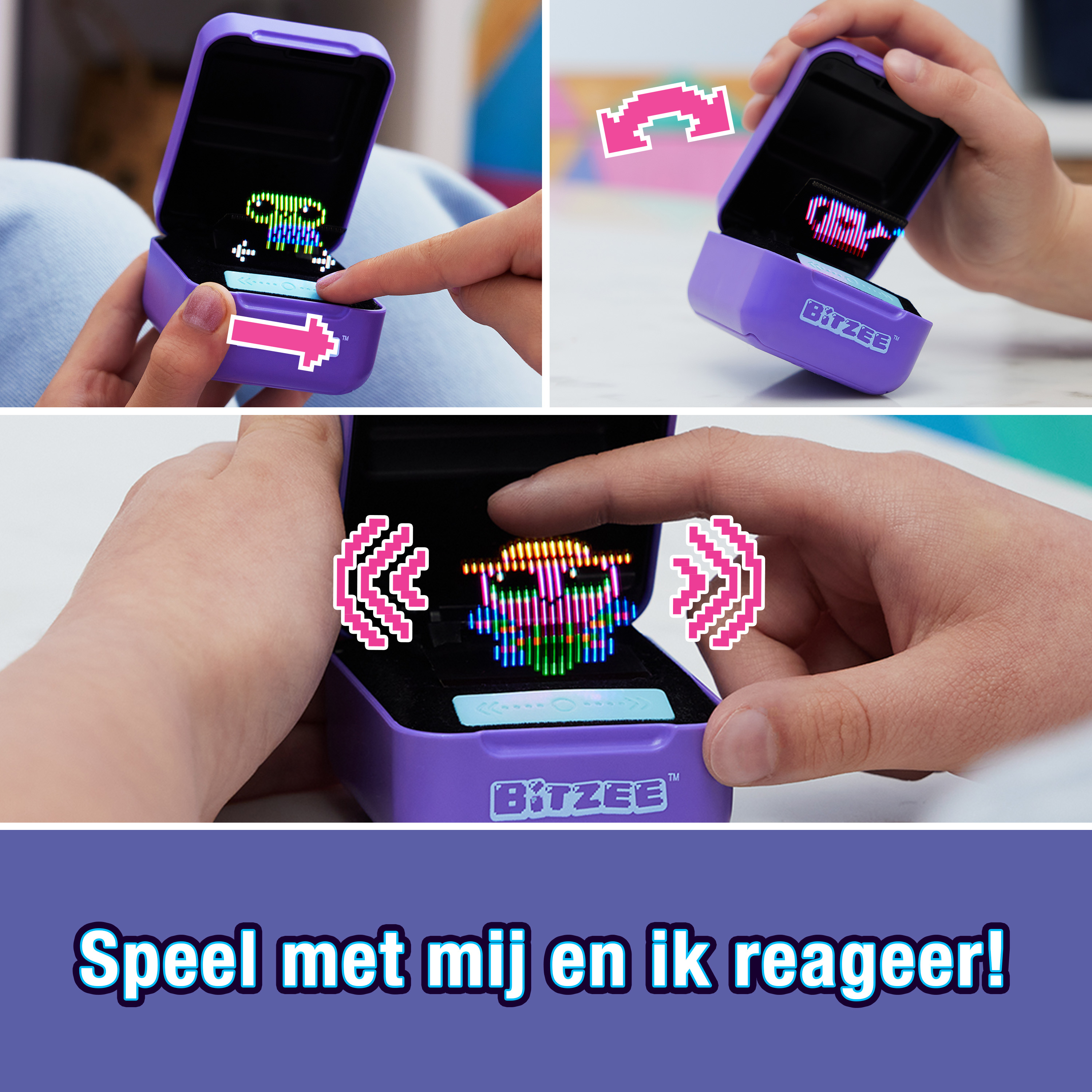 Mehrere Bilder einer lila Spielzeugkiste mit pixeligen Figuren. Eine Hand interagiert damit.