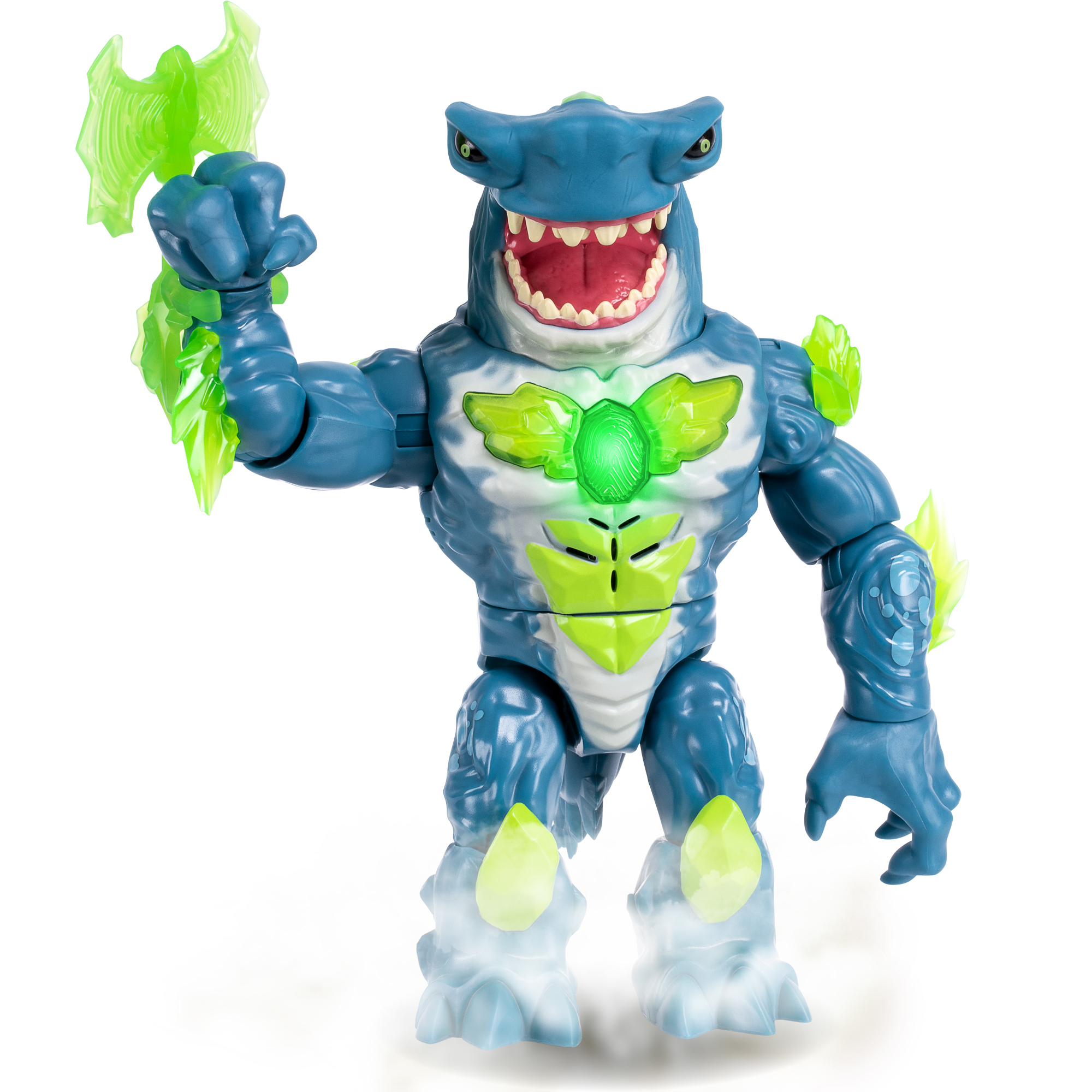 Zabawka w kształcie rekina z zielonymi i niebieskimi detalami. Trzyma zieloną broń. Białe tło.