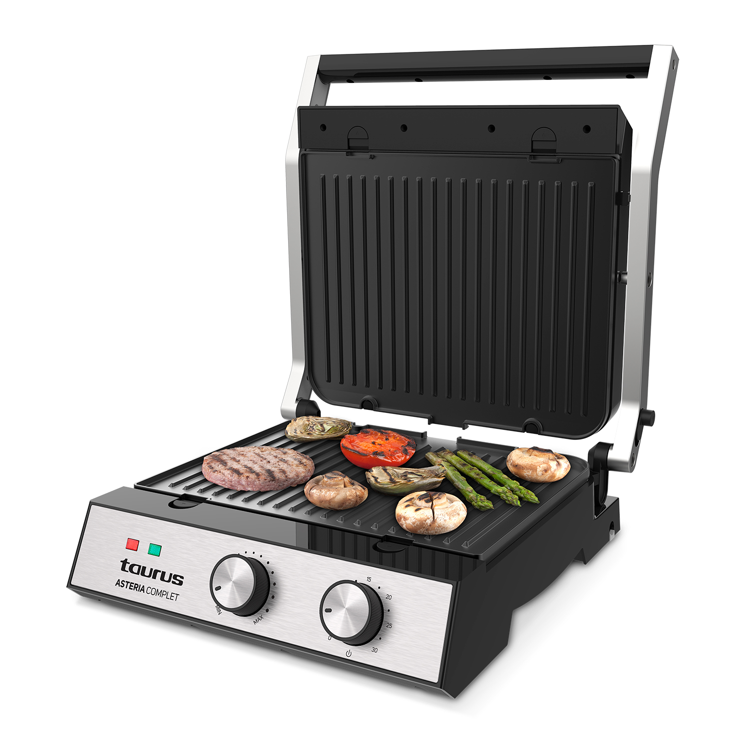 Parrilla abierta con hamburguesa, tomate, champiñones, espárragos y diales. Taurus Asteria Complet.