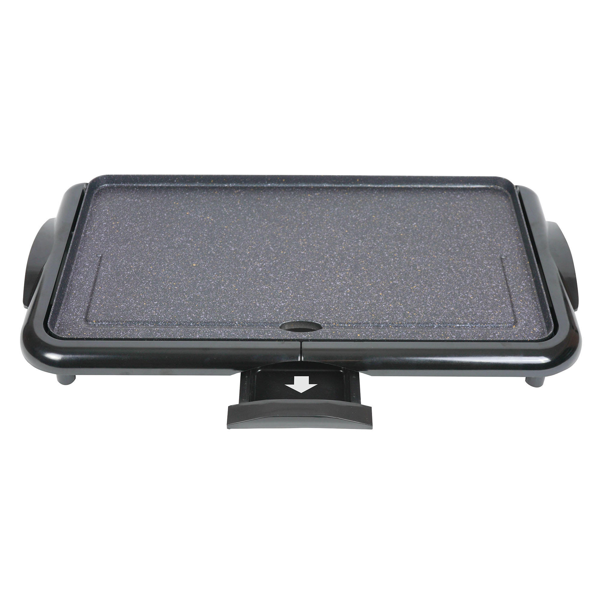 Plancha eléctrica negra con superficie antiadherente. Tiene un mango negro y un cajón.