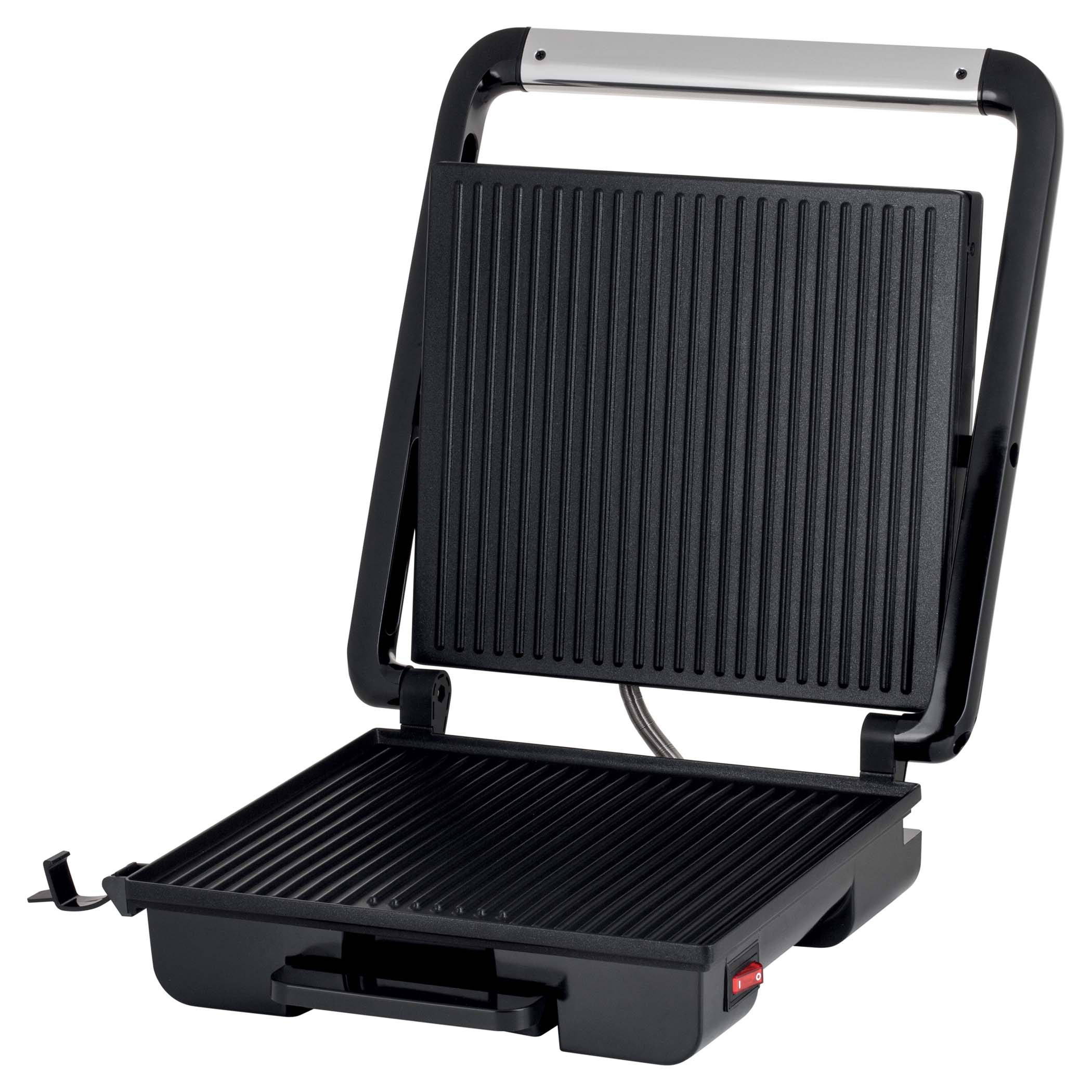 Schwarzer Elektrogrill, geöffnet. Obere und untere Grillplatten sichtbar. Griff und Power-Taste vorhanden.