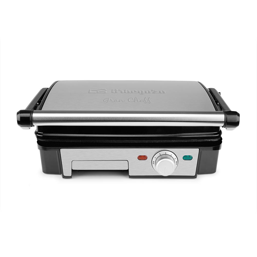 Parrilla cerrada plateada y negra. Con panel de control y marca en la parte superior.