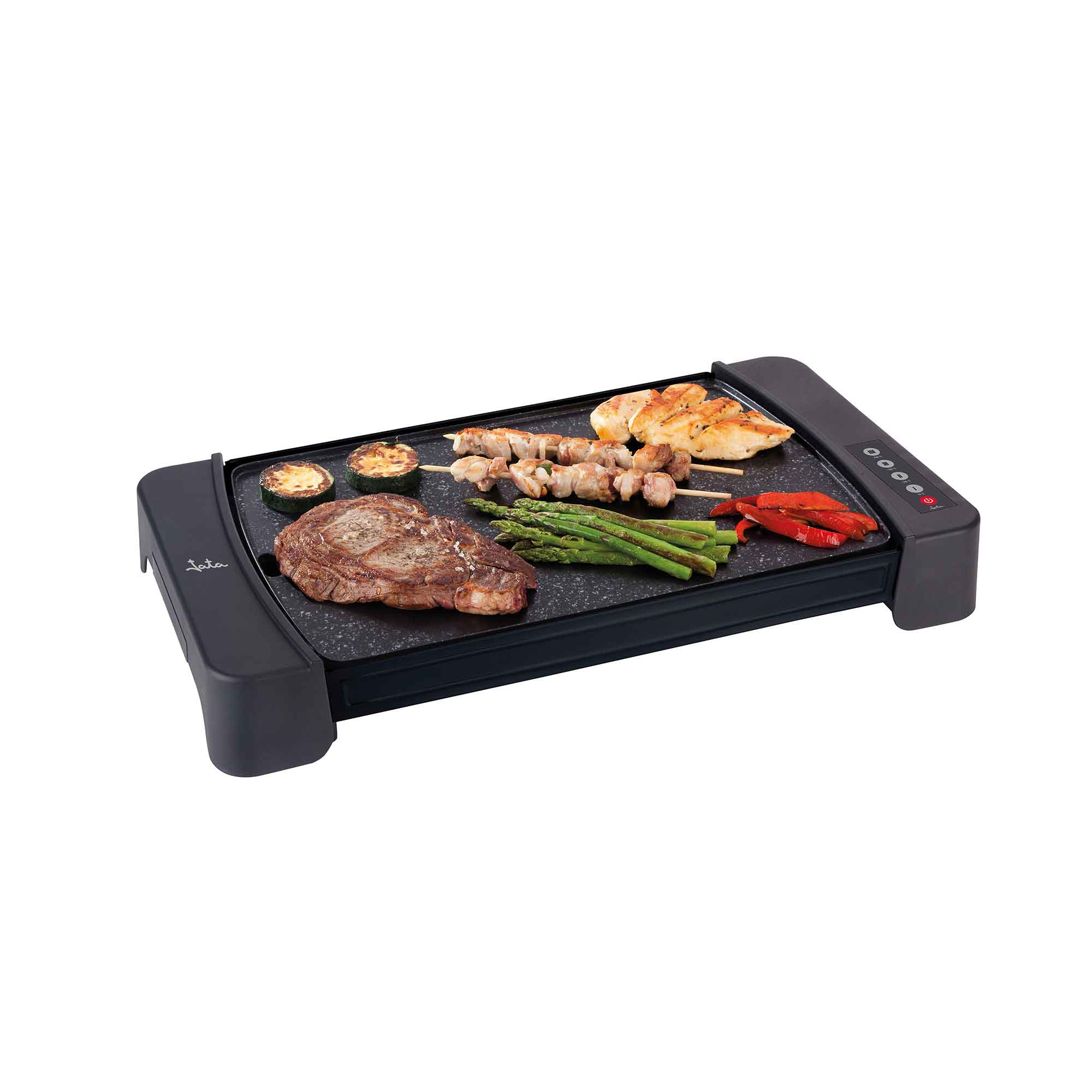Parrilla eléctrica negra con bistec, brochetas y verduras cocinándose en ella.