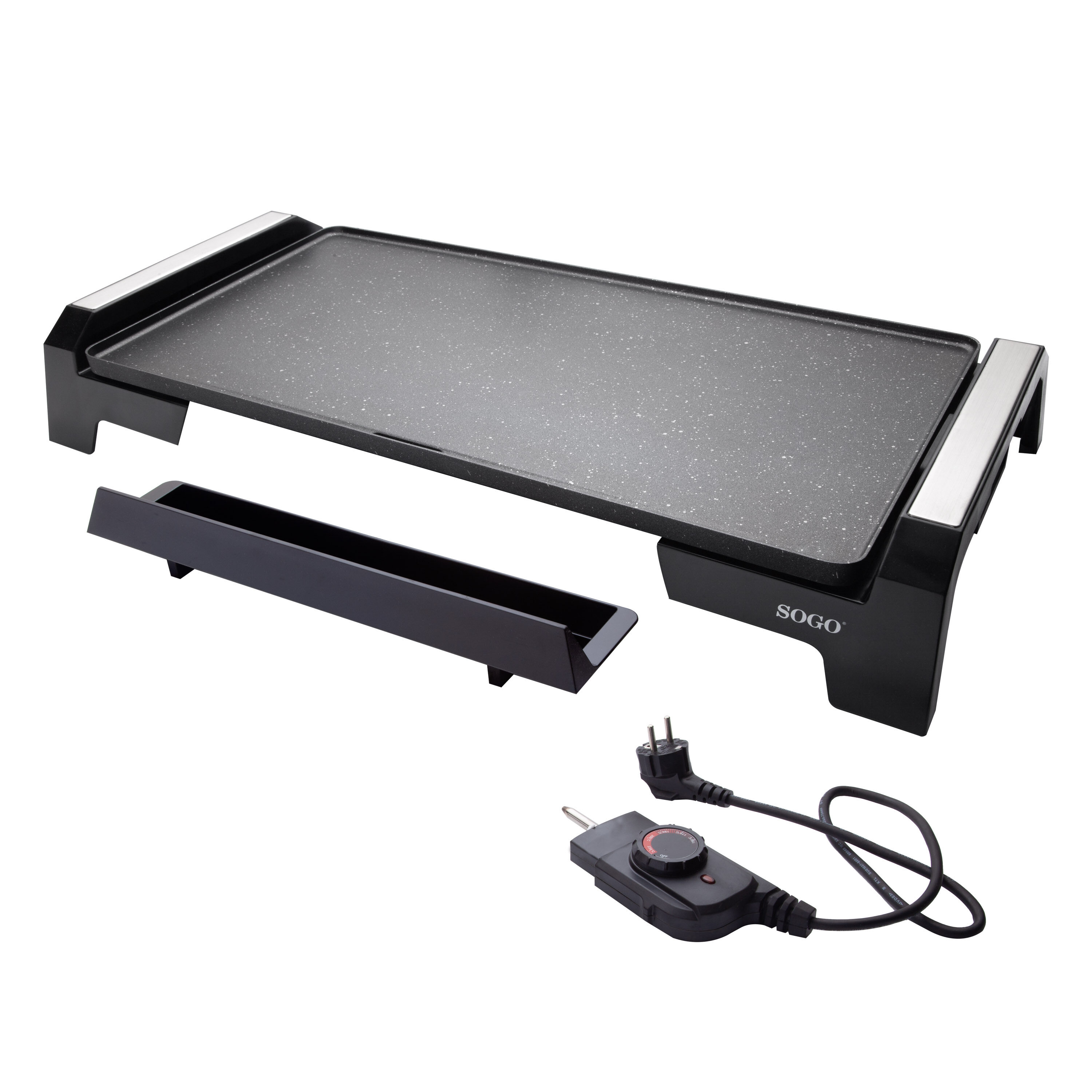 Parrilla eléctrica negra con bandeja de grasa extraíble, cable de alimentación y panel de control.