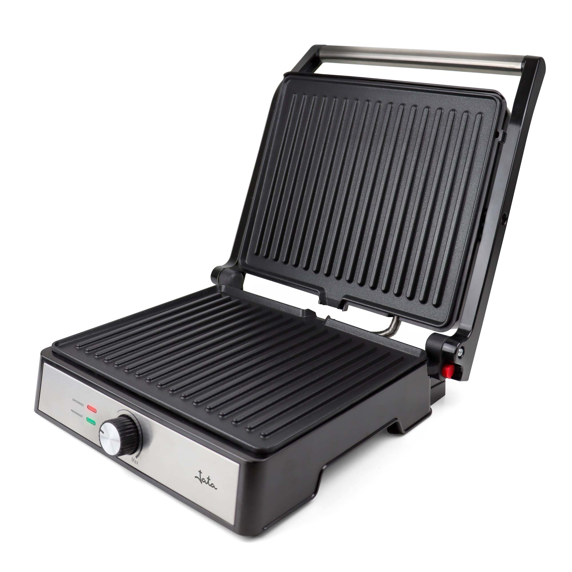 Parrilla negra con tapa abierta. Tiene base de acero inoxidable y perilla para calor.