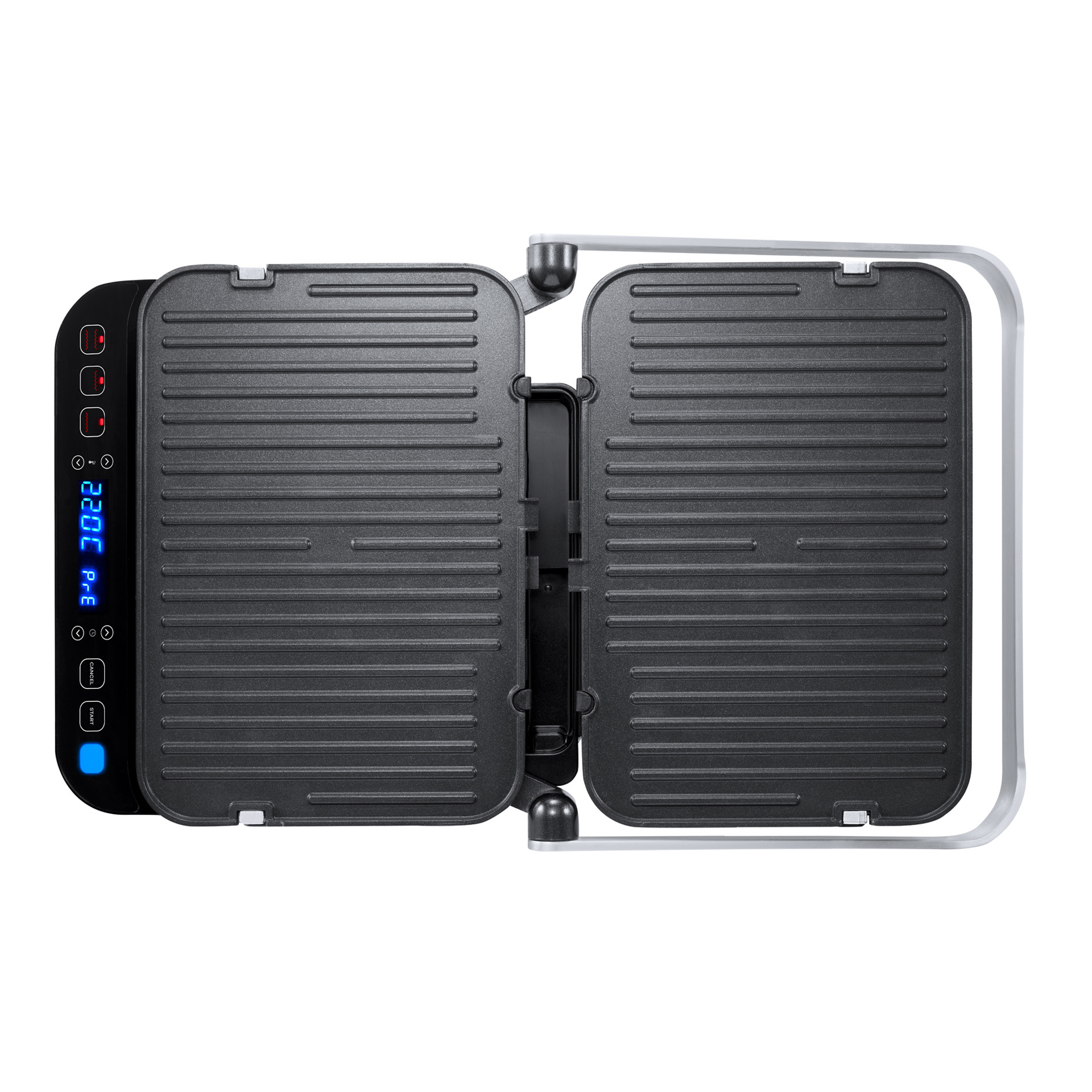 Parrilla eléctrica negra, abierta. Tiene dos placas y un panel de control con pantalla digital lateral.