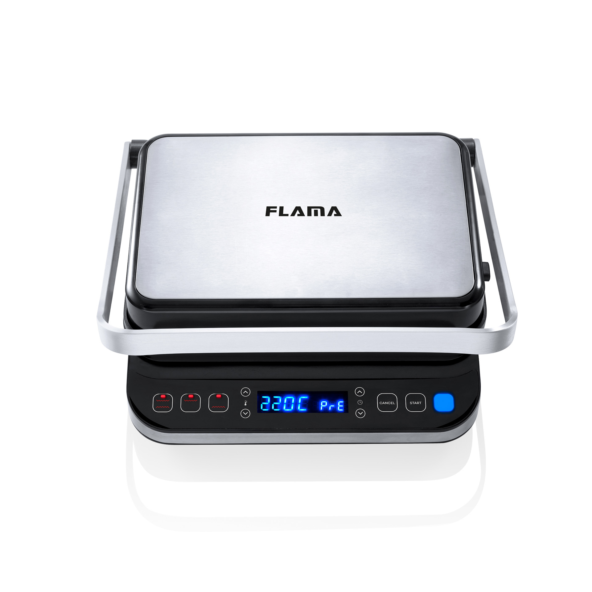 Parrilla plateada con base negra. Tiene una pantalla digital. La marca es FLAMA.