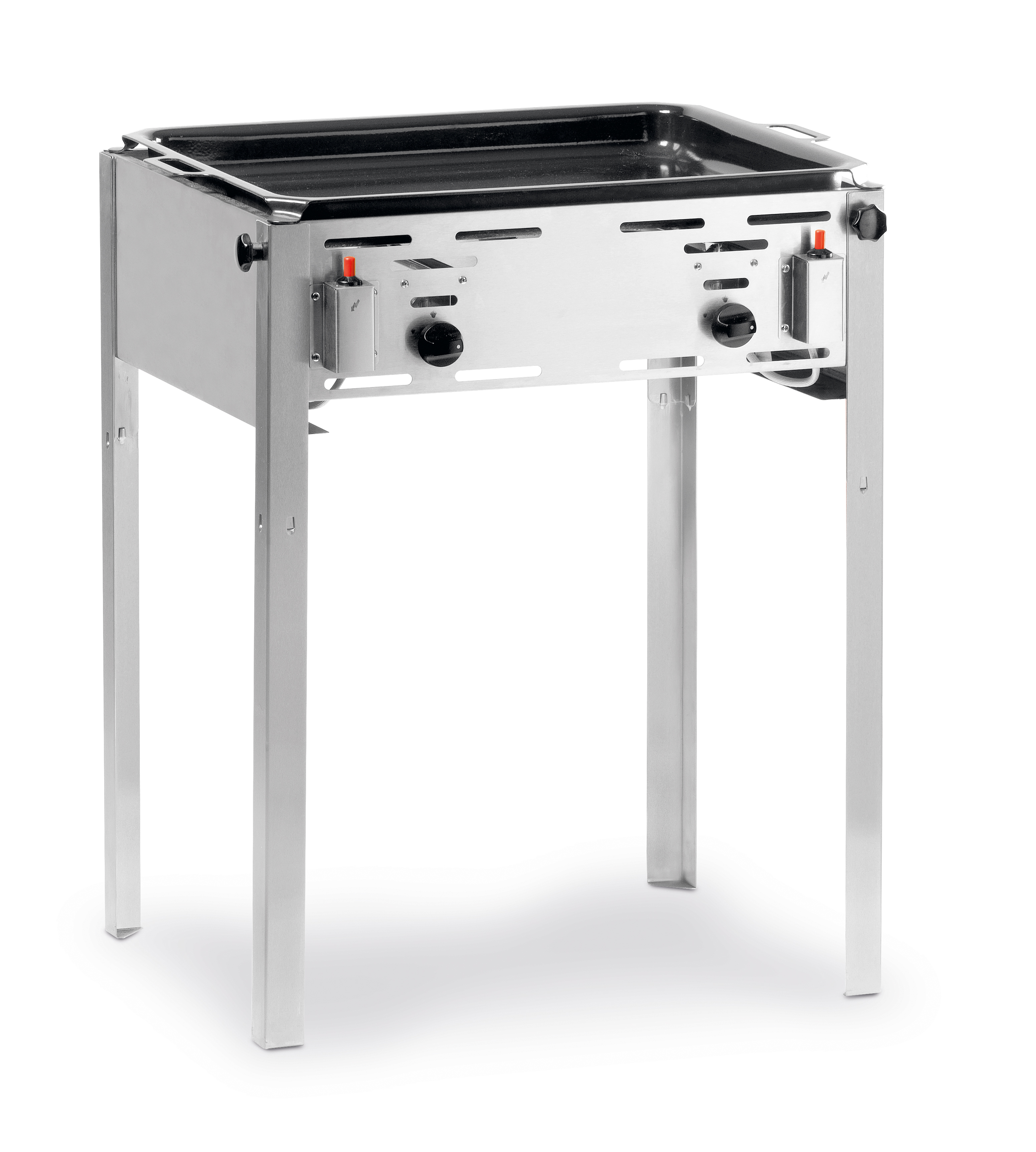 Un grill esterno in acciaio inossidabile su sfondo bianco. Ha due bruciatori e una superficie.