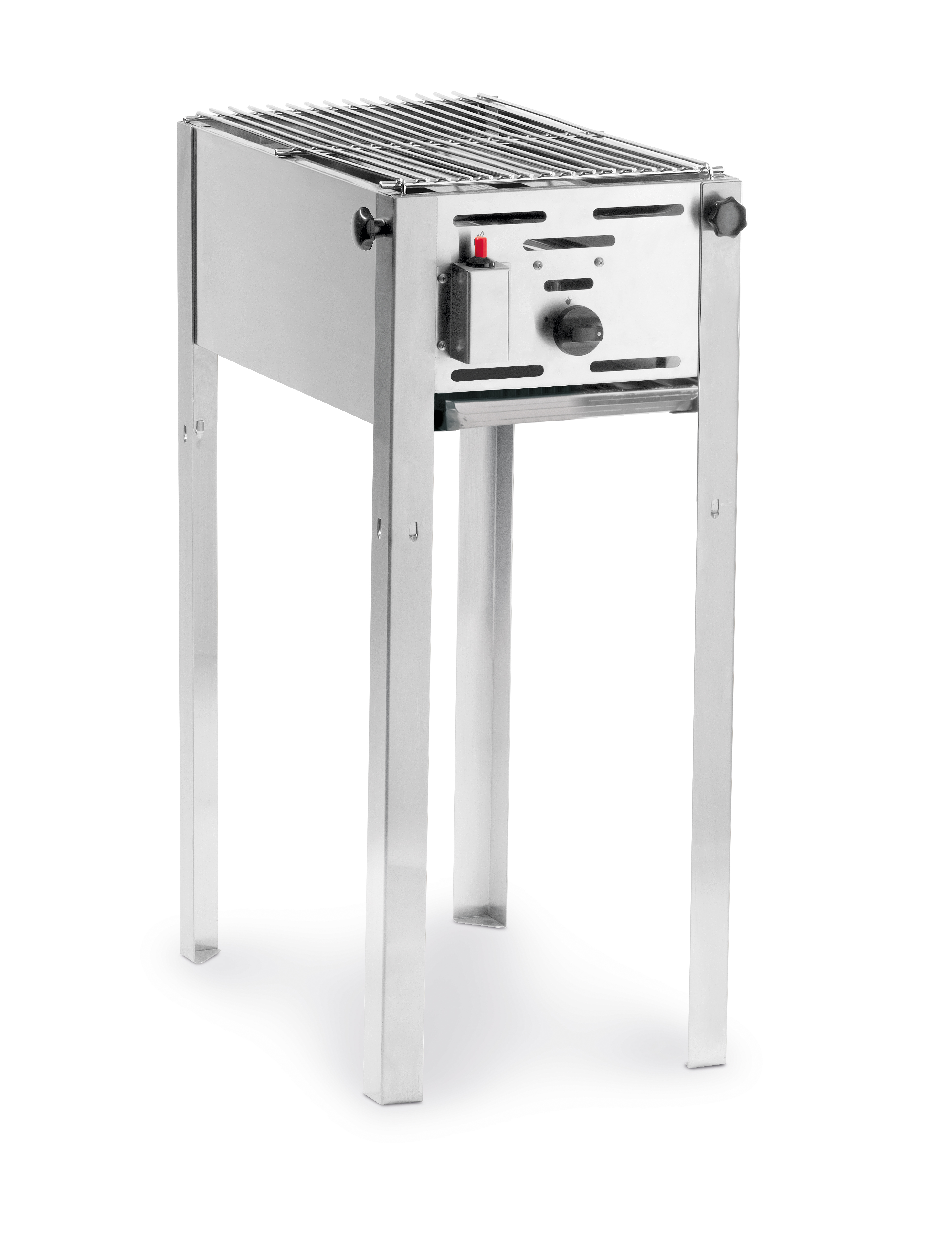 A stainless steel grill with a single red control button and long legs.