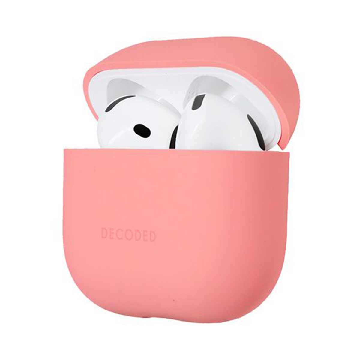 Pink AirPods case with white AirPods inside. The case is open, showing the earbuds.