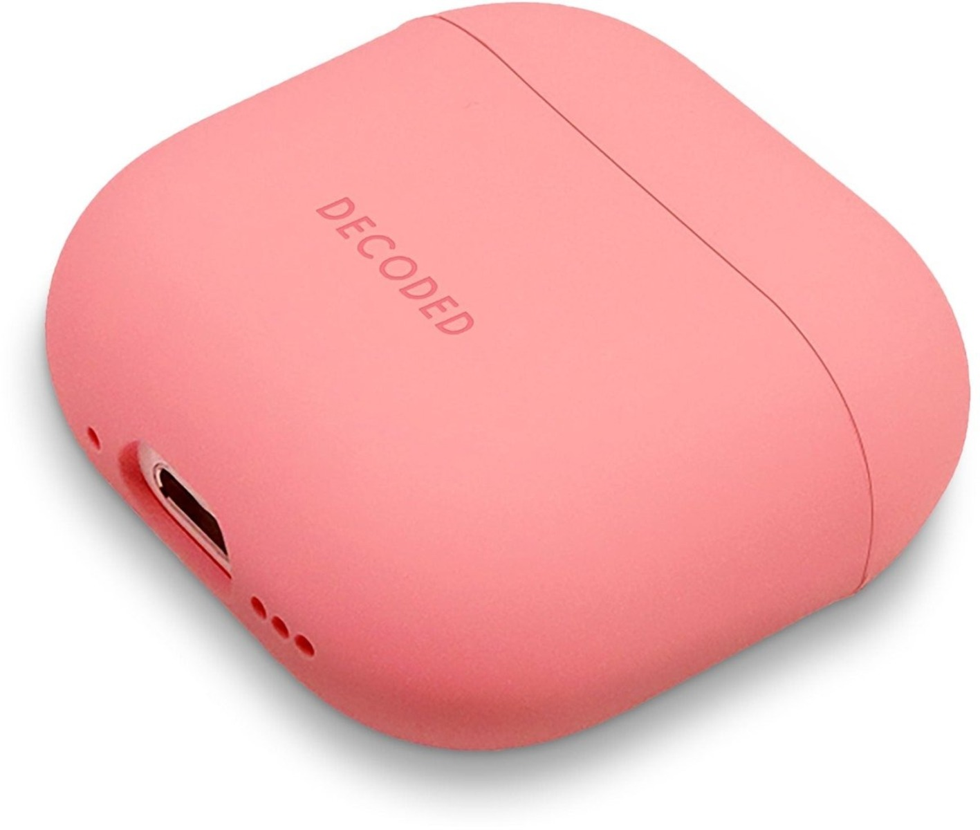Pink earbud case with the word "DECODED" embossed on the top surface.