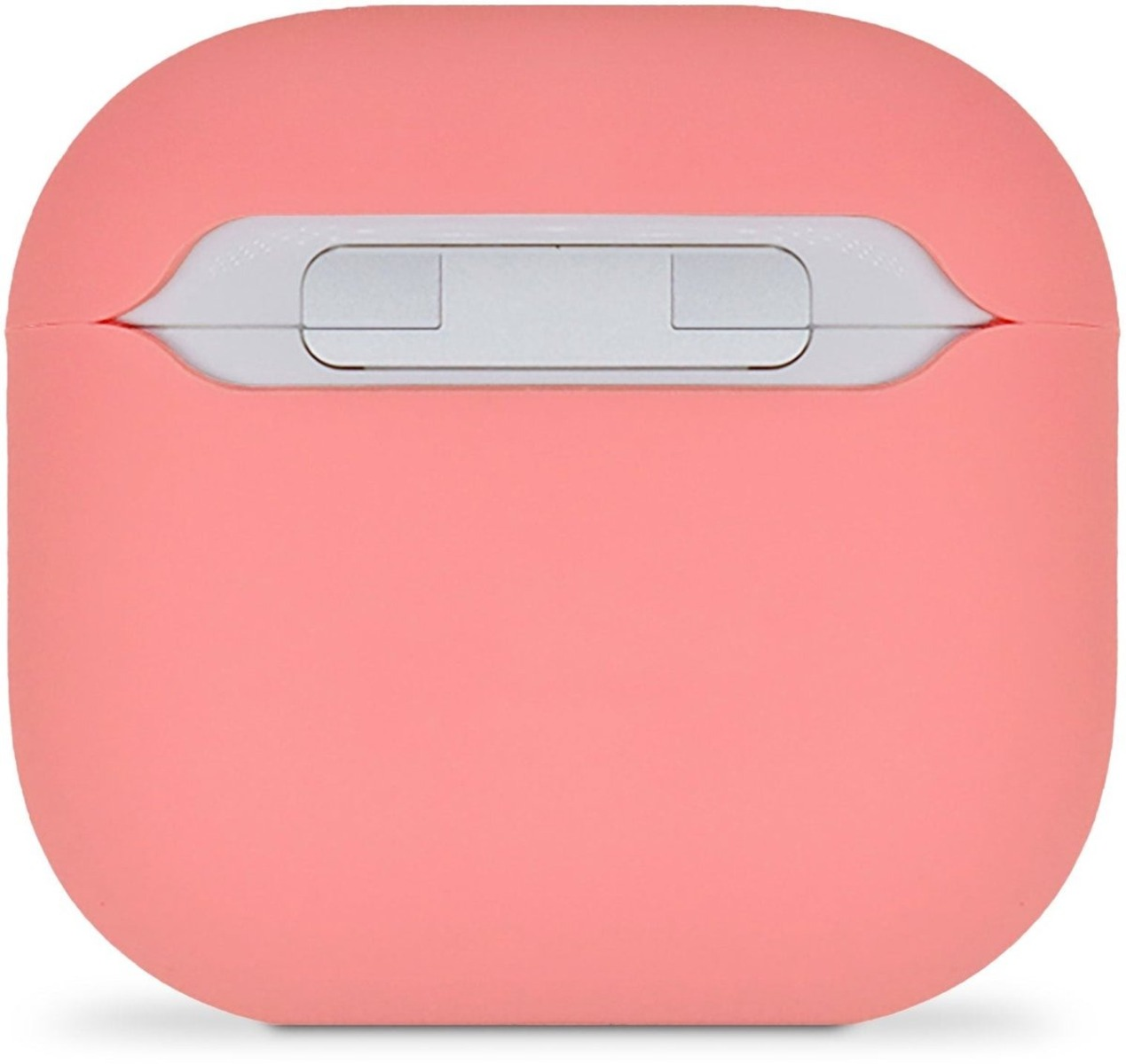 A coral pink AirPods case with a white hinge.